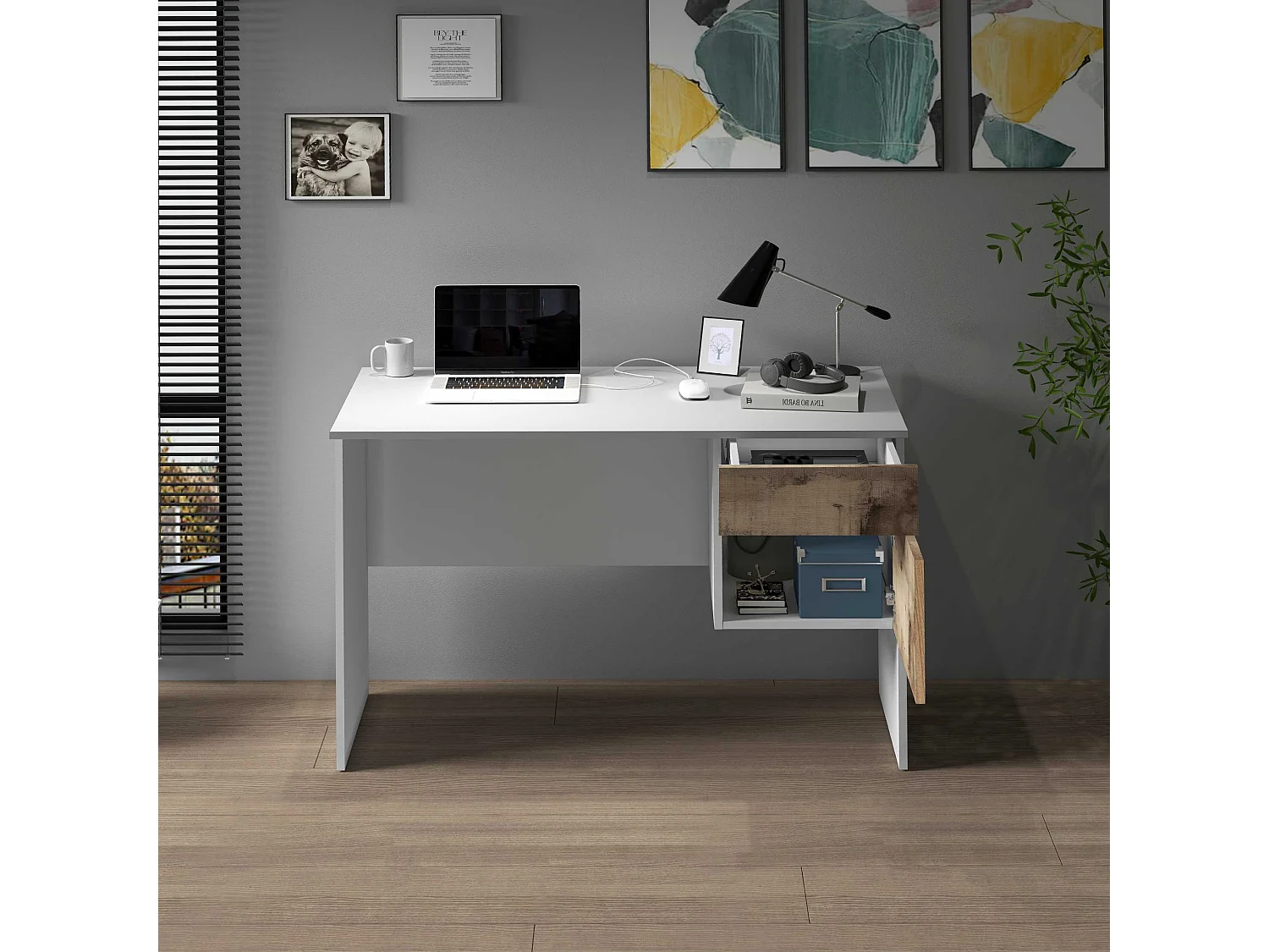 Scrivania Easy 1 anta e 1 cassetto bianco opaco e acero 110x50x75 cm