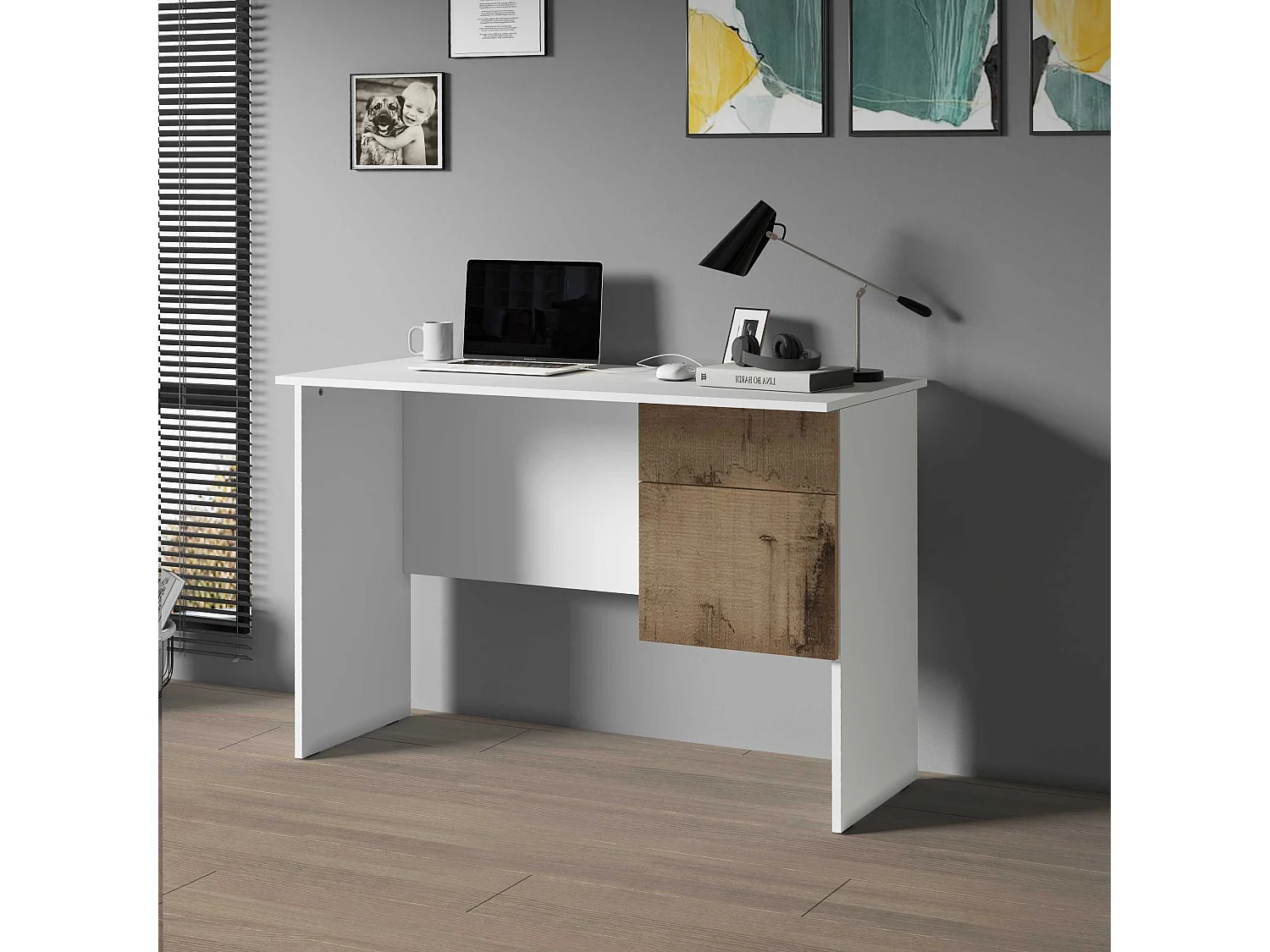 Scrivania Easy 1 anta e 1 cassetto bianco opaco e acero 110x50x75 cm