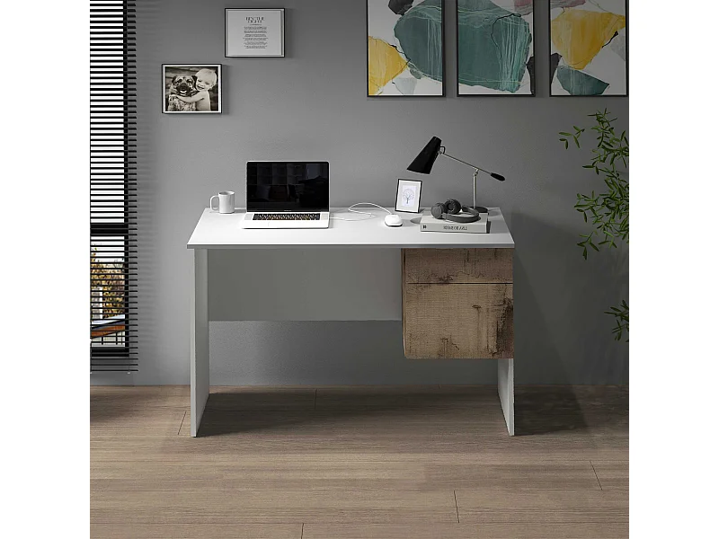 Scrivania Easy 1 anta e 1 cassetto bianco opaco e acero 110x50x75 cm