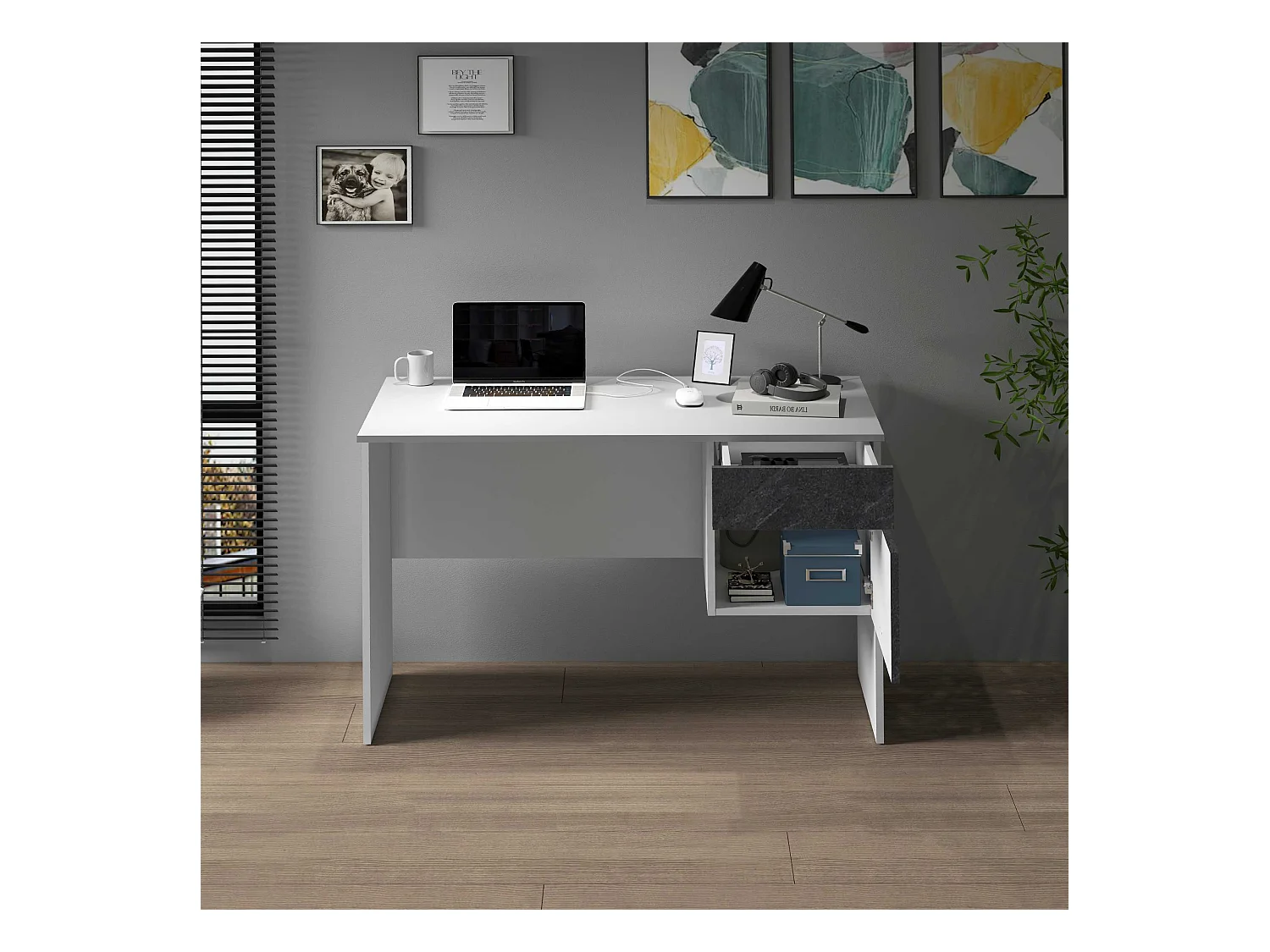 Scrivania Easy 1 anta e 1 cassetto bianco opaco e report 110x50x75 cm