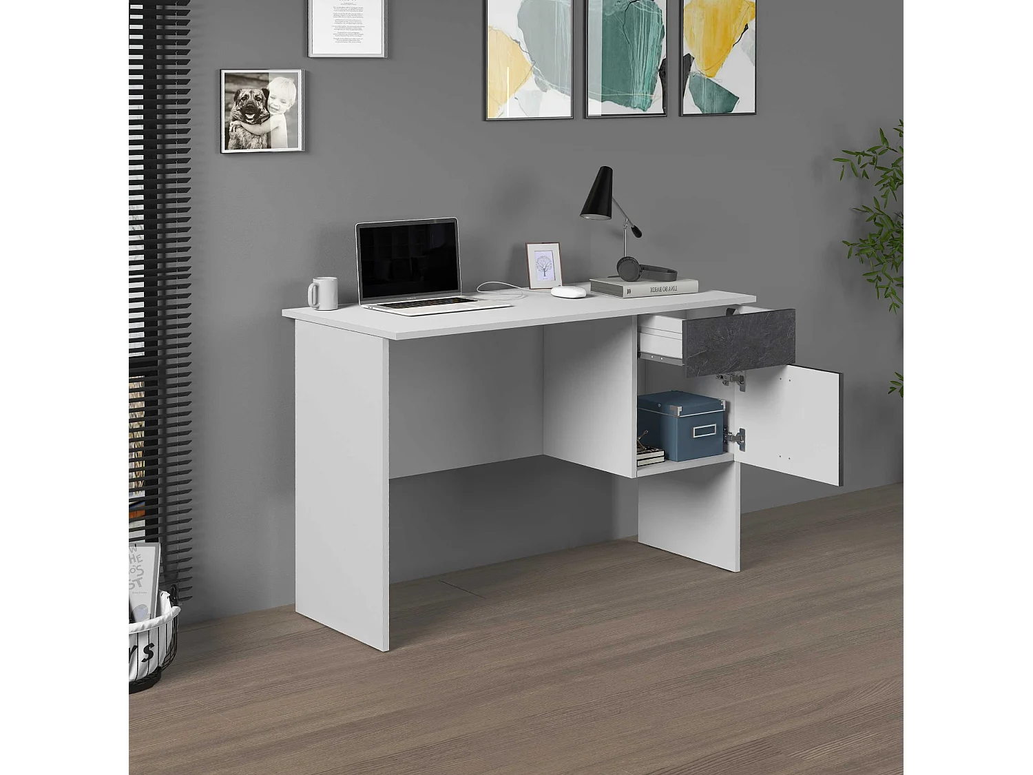 Scrivania Easy 1 anta e 1 cassetto bianco opaco e report 110x50x75 cm