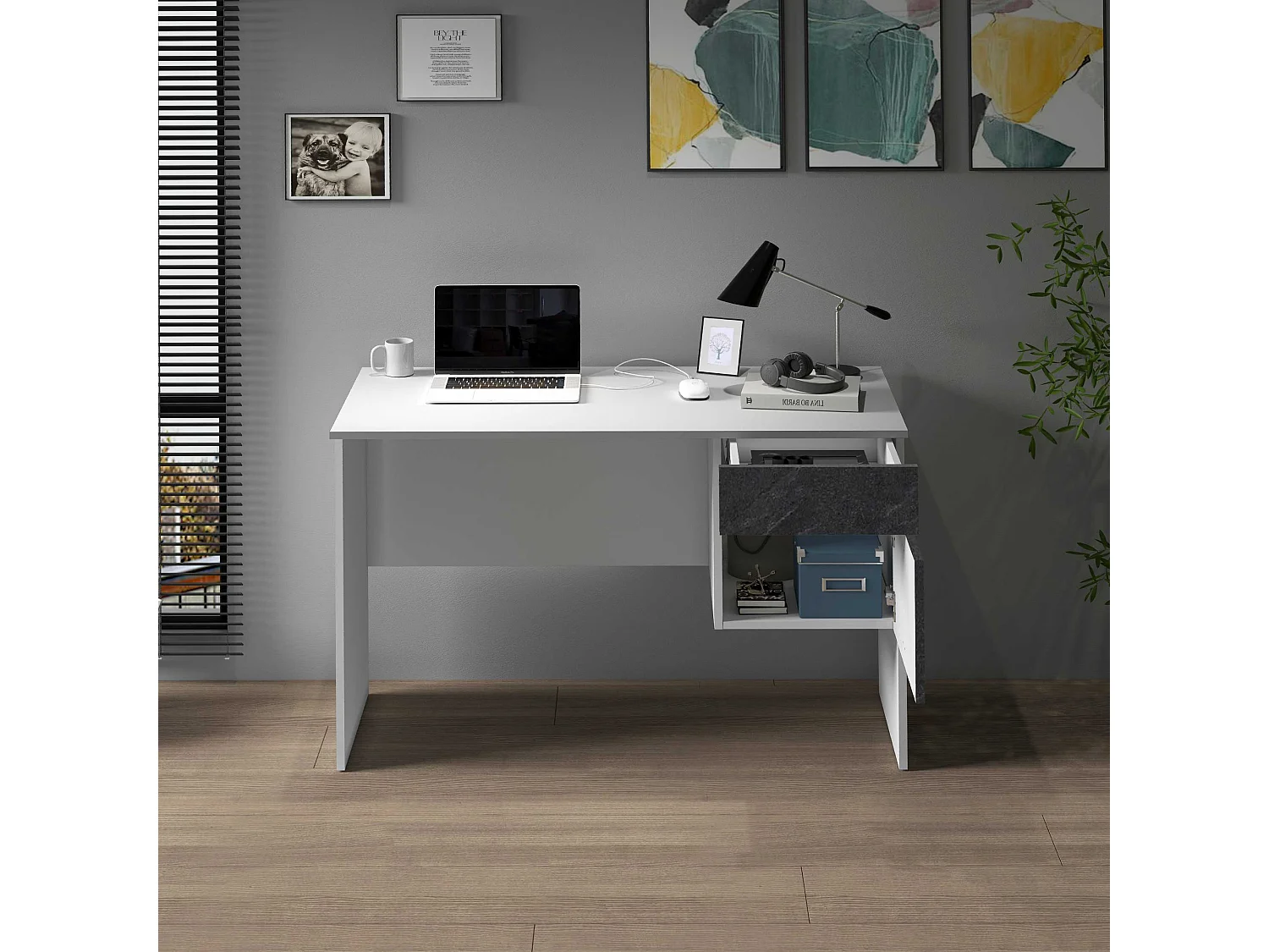 Scrivania Easy 1 anta e 1 cassetto bianco opaco e report 110x50x75 cm