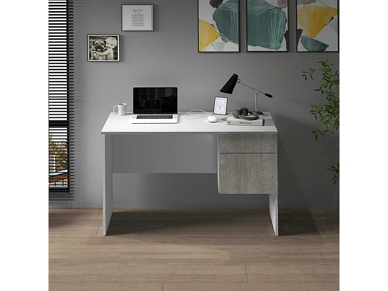Scrivania Easy 1 anta e 1 cassetto bianco opaco e cemento 110x50x75 cm