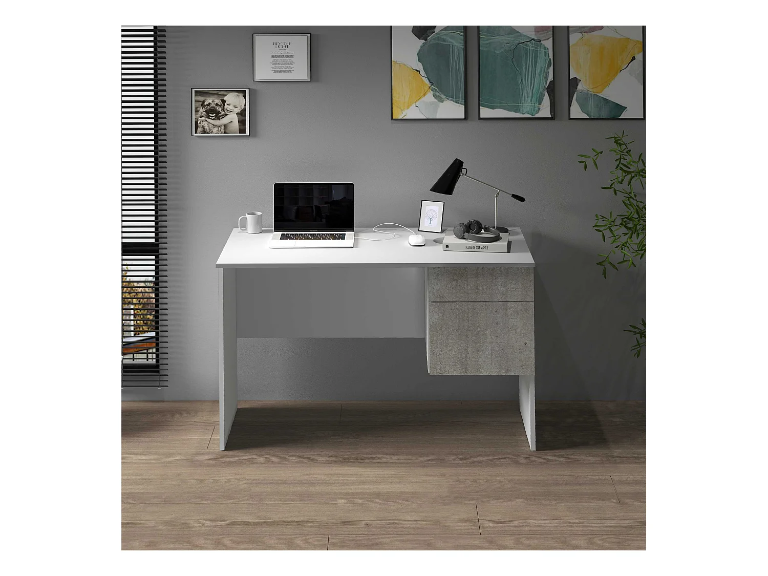 Scrivania Easy 1 anta e 1 cassetto bianco opaco e cemento 110x50x75 cm