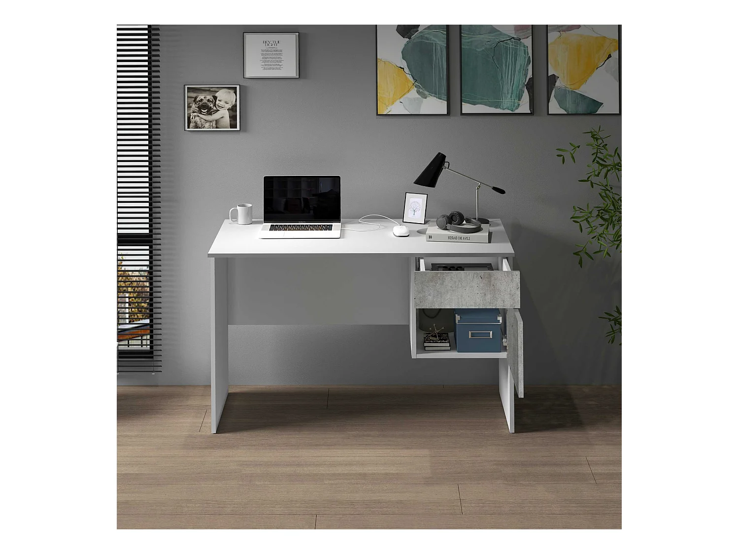 Scrivania Easy 1 anta e 1 cassetto bianco opaco e cemento 110x50x75 cm