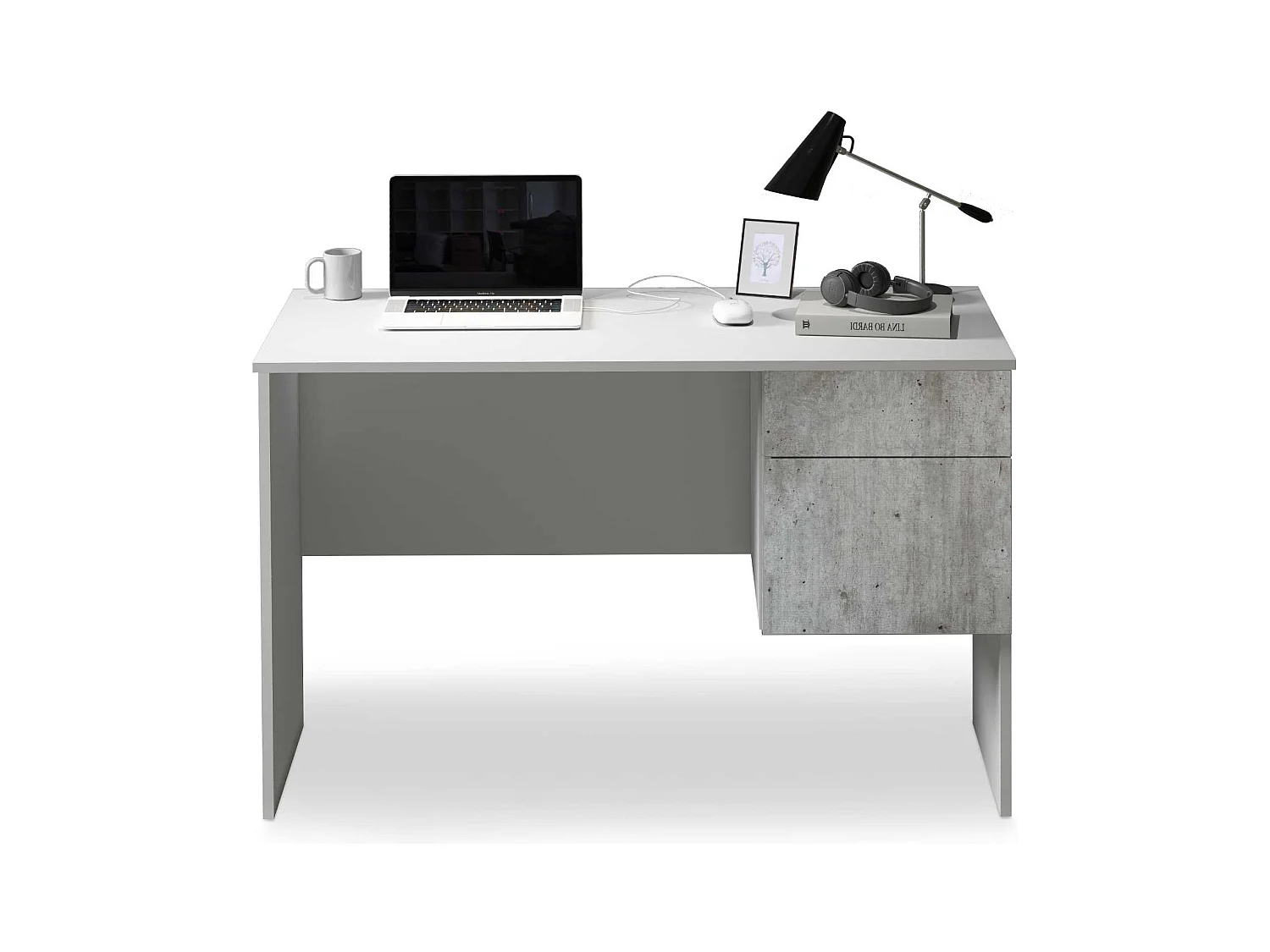 Scrivania Easy 1 anta e 1 cassetto bianco opaco e cemento 110x50x75 cm