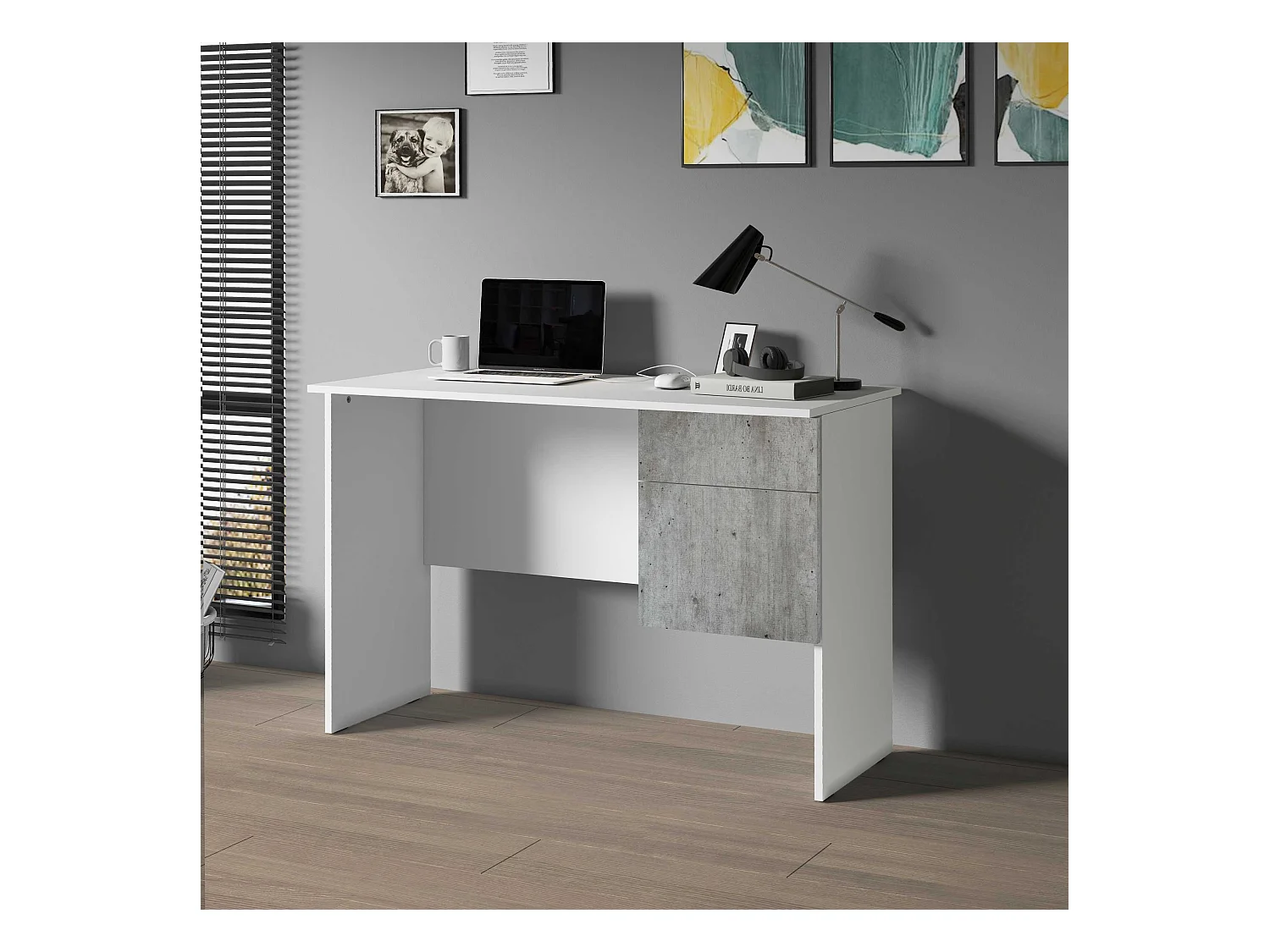 Scrivania Easy 1 anta e 1 cassetto bianco opaco e cemento 110x50x75 cm