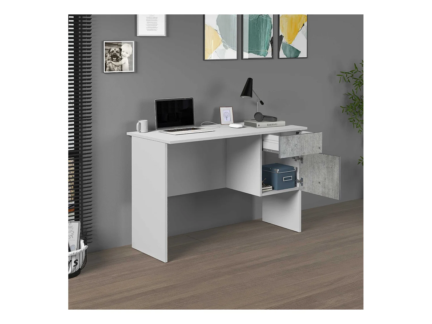 Scrivania Easy 1 anta e 1 cassetto bianco opaco e cemento 110x50x75 cm
