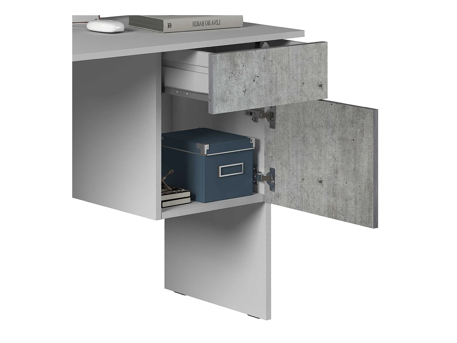 Scrivania Easy 1 anta e 1 cassetto bianco opaco e cemento 110x50x75 cm