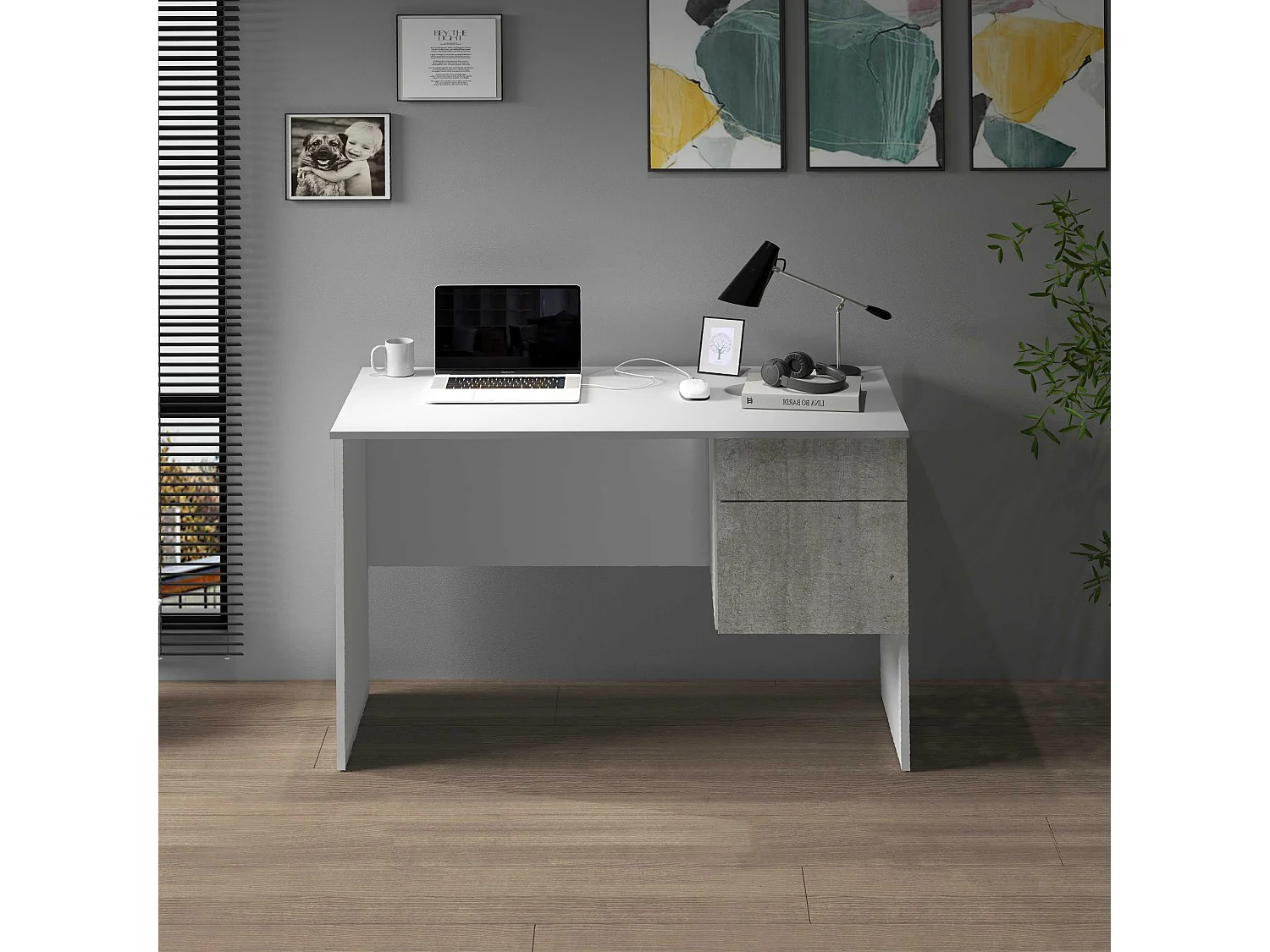 Scrivania Easy 1 anta e 1 cassetto bianco opaco e cemento 110x50x75 cm