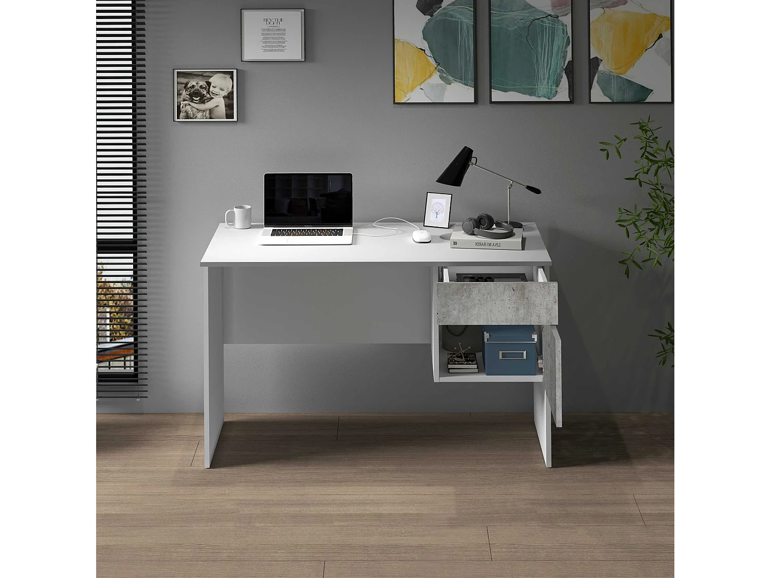 Scrivania Easy 1 anta e 1 cassetto bianco opaco e cemento 110x50x75 cm