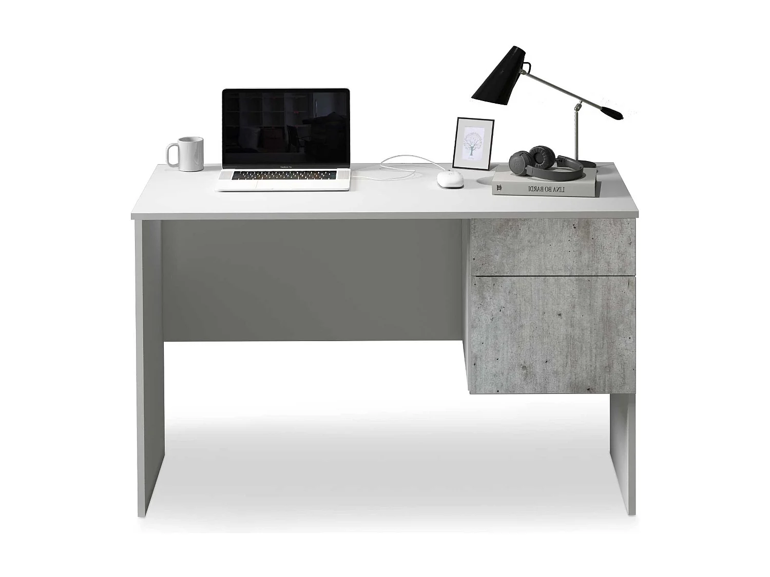 Scrivania Easy 1 anta e 1 cassetto bianco opaco e cemento 110x50x75 cm