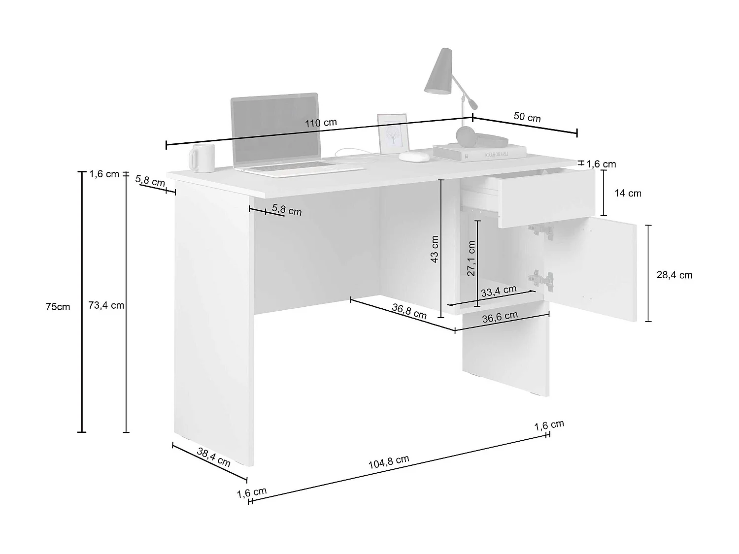 Scrivania Easy 1 anta e 1 cassetto bianco opaco e cemento 110x50x75 cm