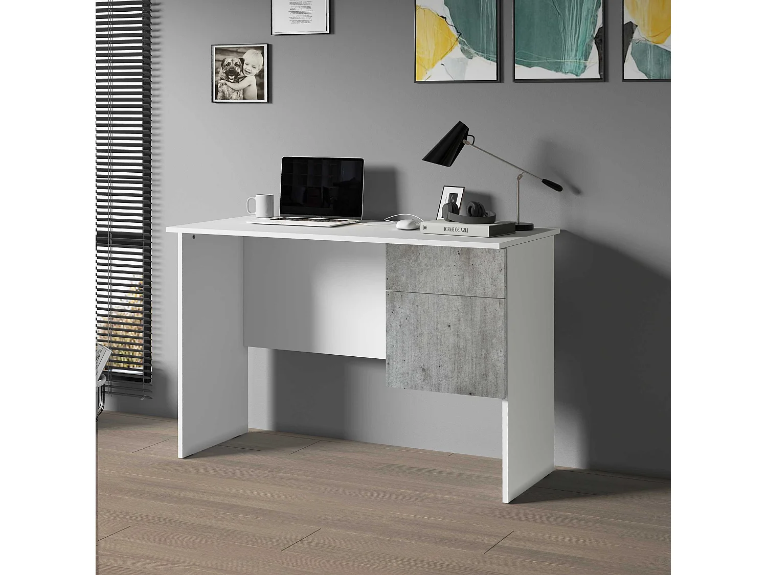 Scrivania Easy 1 anta e 1 cassetto bianco opaco e cemento 110x50x75 cm