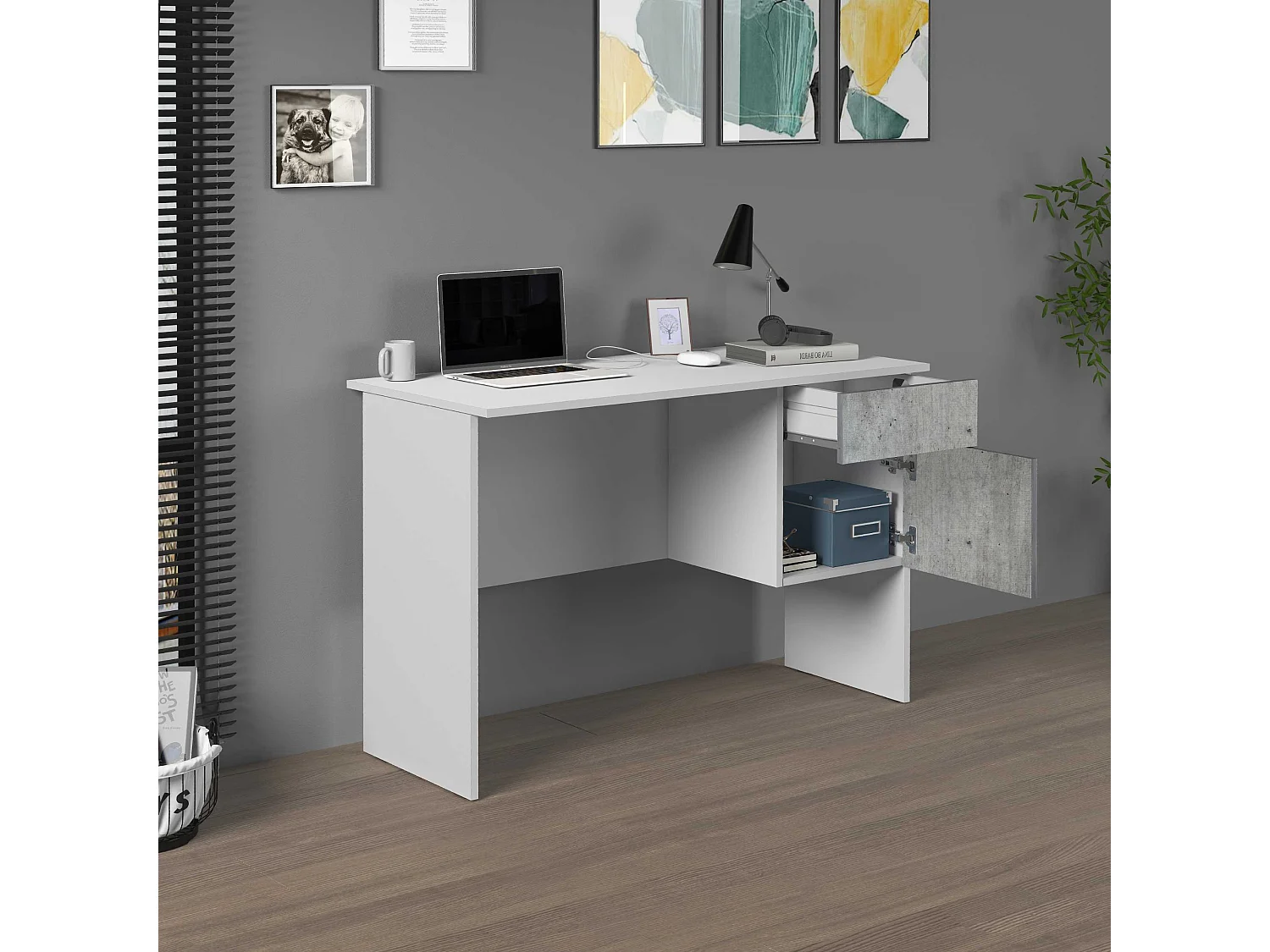 Scrivania Easy 1 anta e 1 cassetto bianco opaco e cemento 110x50x75 cm