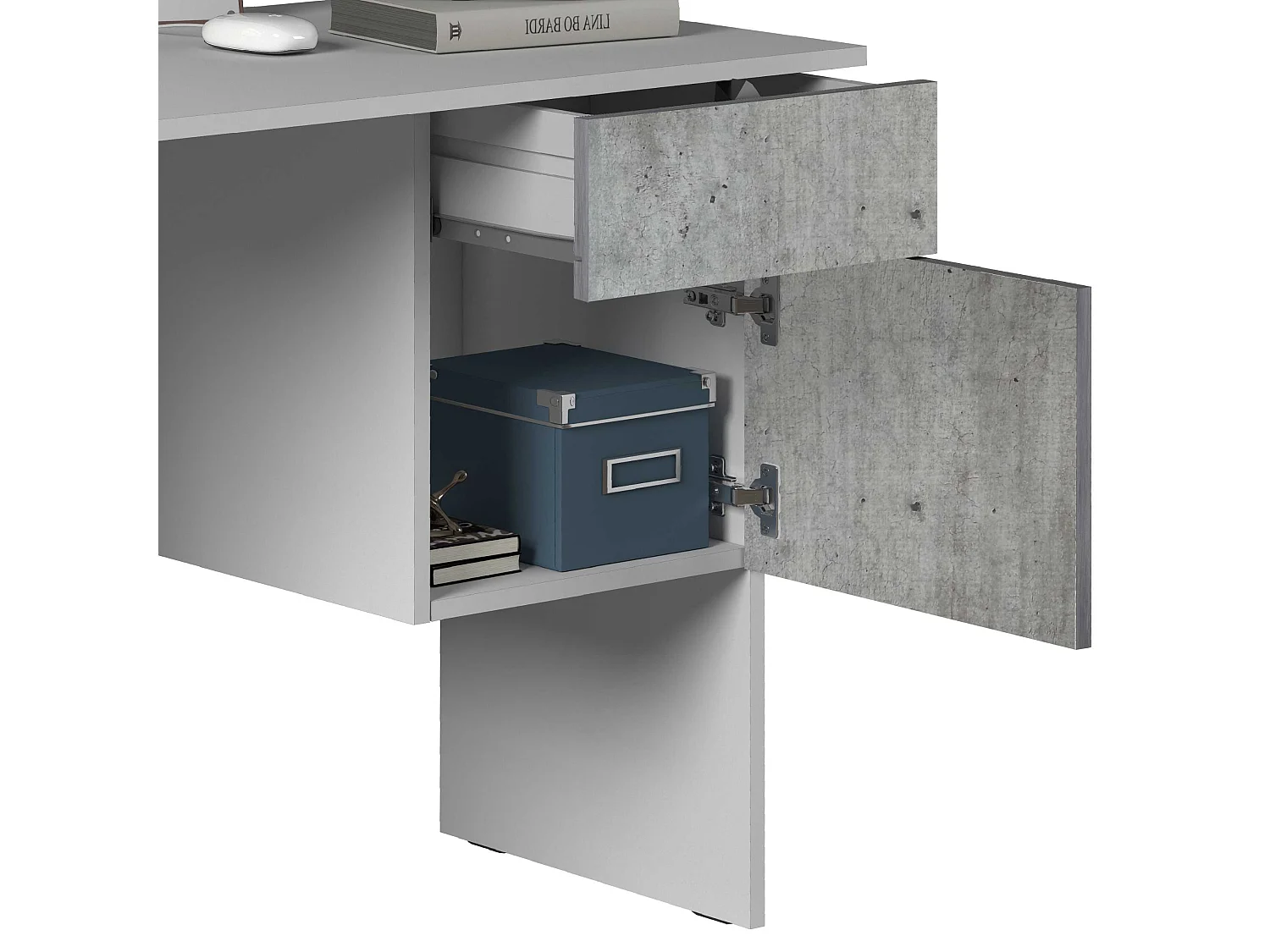 Scrivania Easy 1 anta e 1 cassetto bianco opaco e cemento 110x50x75 cm