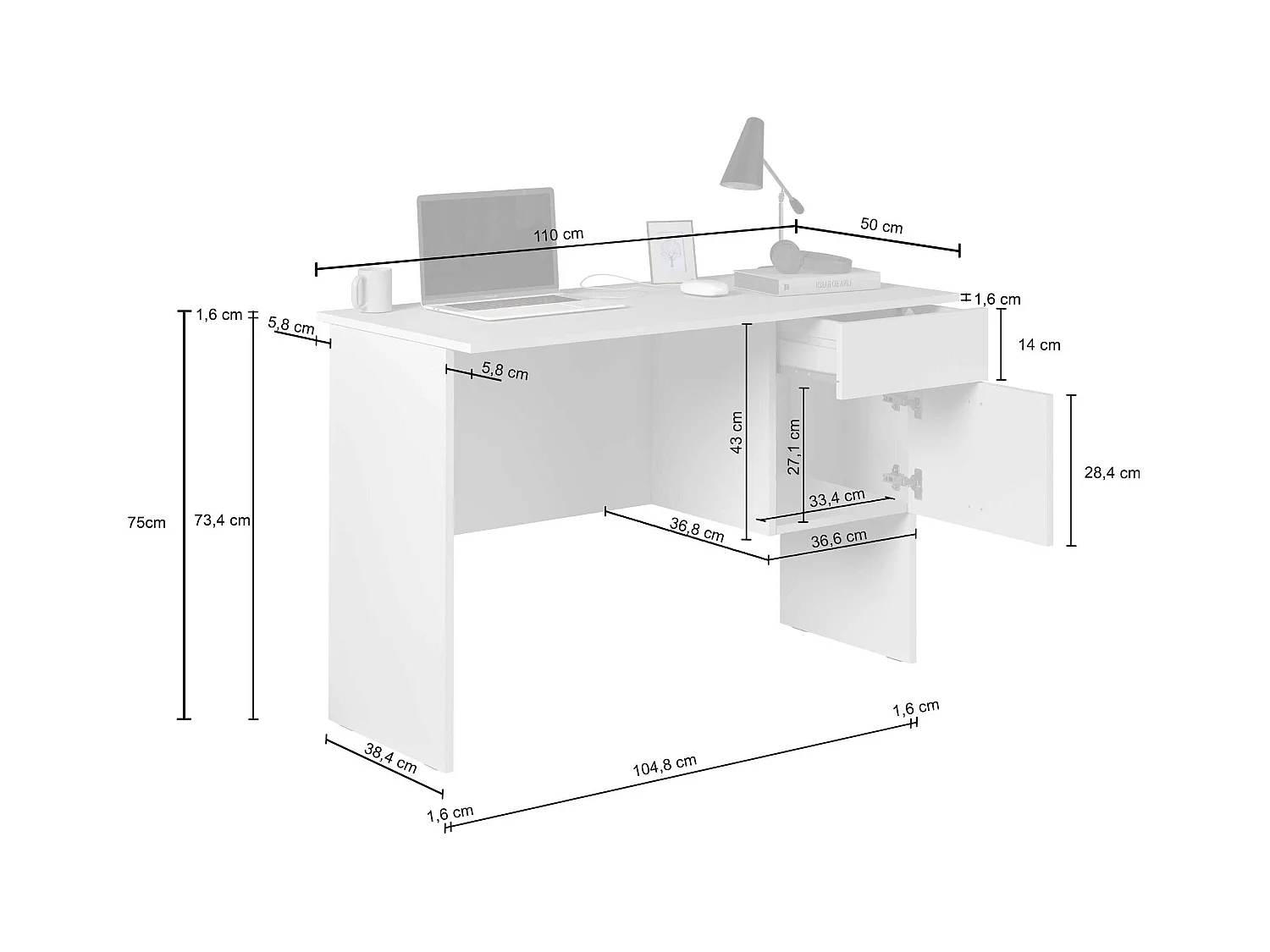 Scrivania Easy 1 anta e 1 cassetto bianco opaco 110x50x75 cm