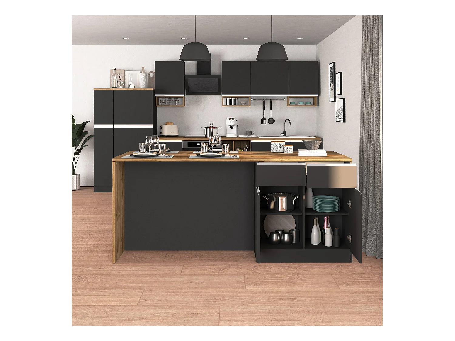 Isola da cucina Sole a 4 ante e 4 cassetti antracite opaco/rovere 200x90x90 cm