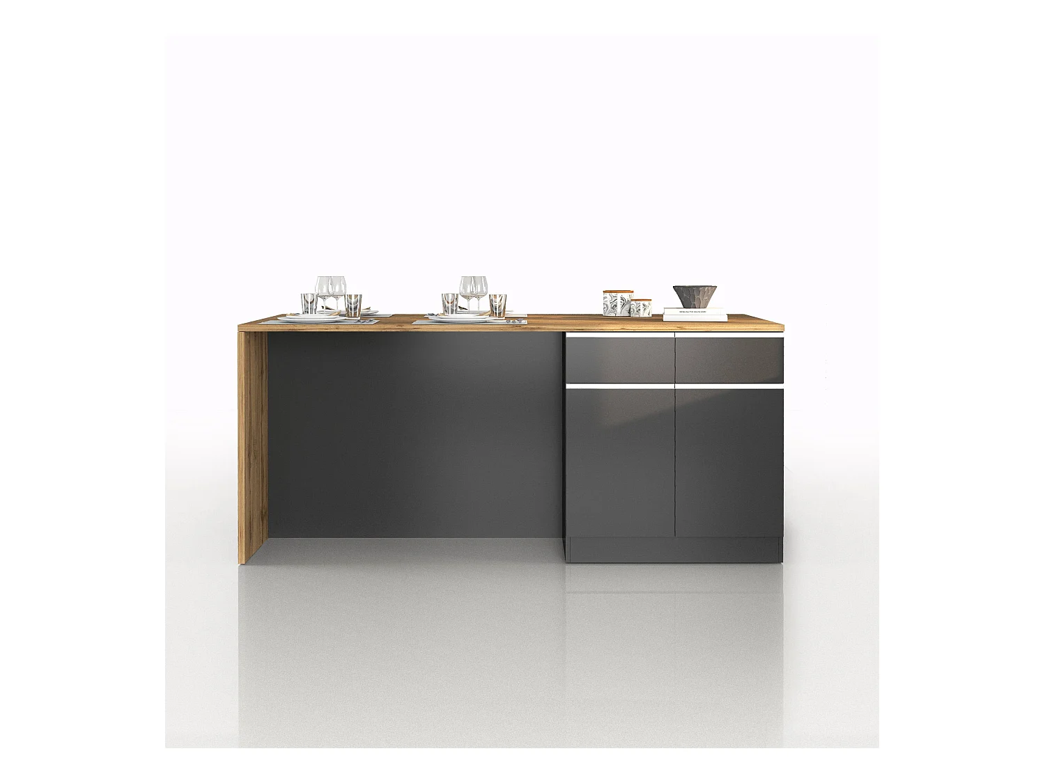Isola da cucina Sole a 4 ante e 4 cassetti antracite opaco/rovere 200x90x90 cm