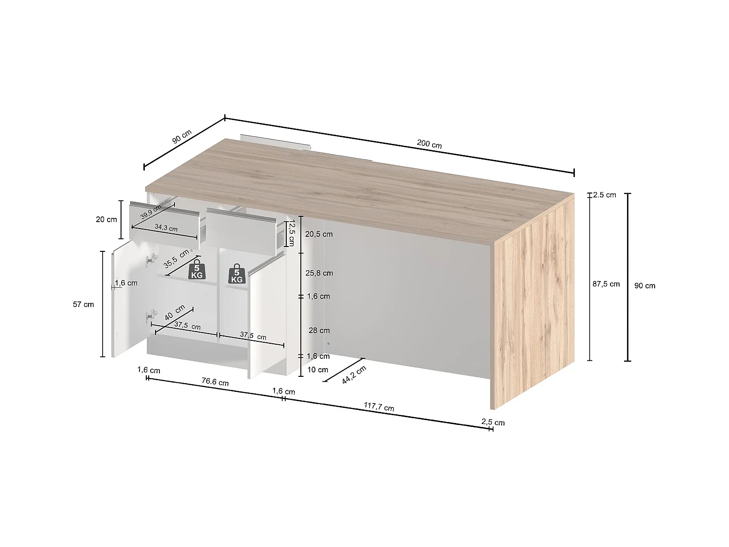 Isola da cucina Sole a 4 ante e 4 cassetti antracite opaco/rovere 200x90x90 cm
