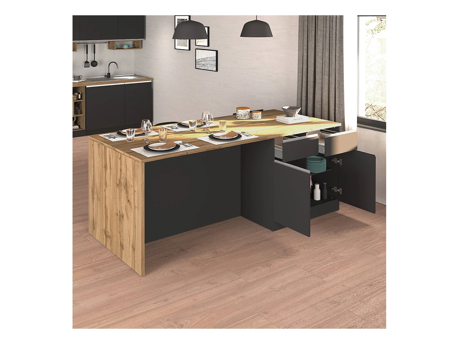 Isola da cucina Sole a 4 ante e 4 cassetti antracite opaco/rovere 200x90x90 cm