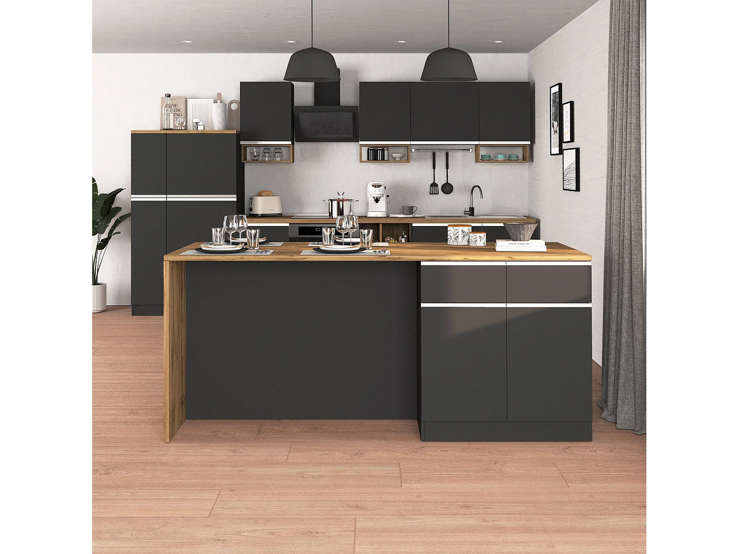 Isola da cucina Sole a 4 ante e 4 cassetti antracite opaco/rovere 200x90x90 cm