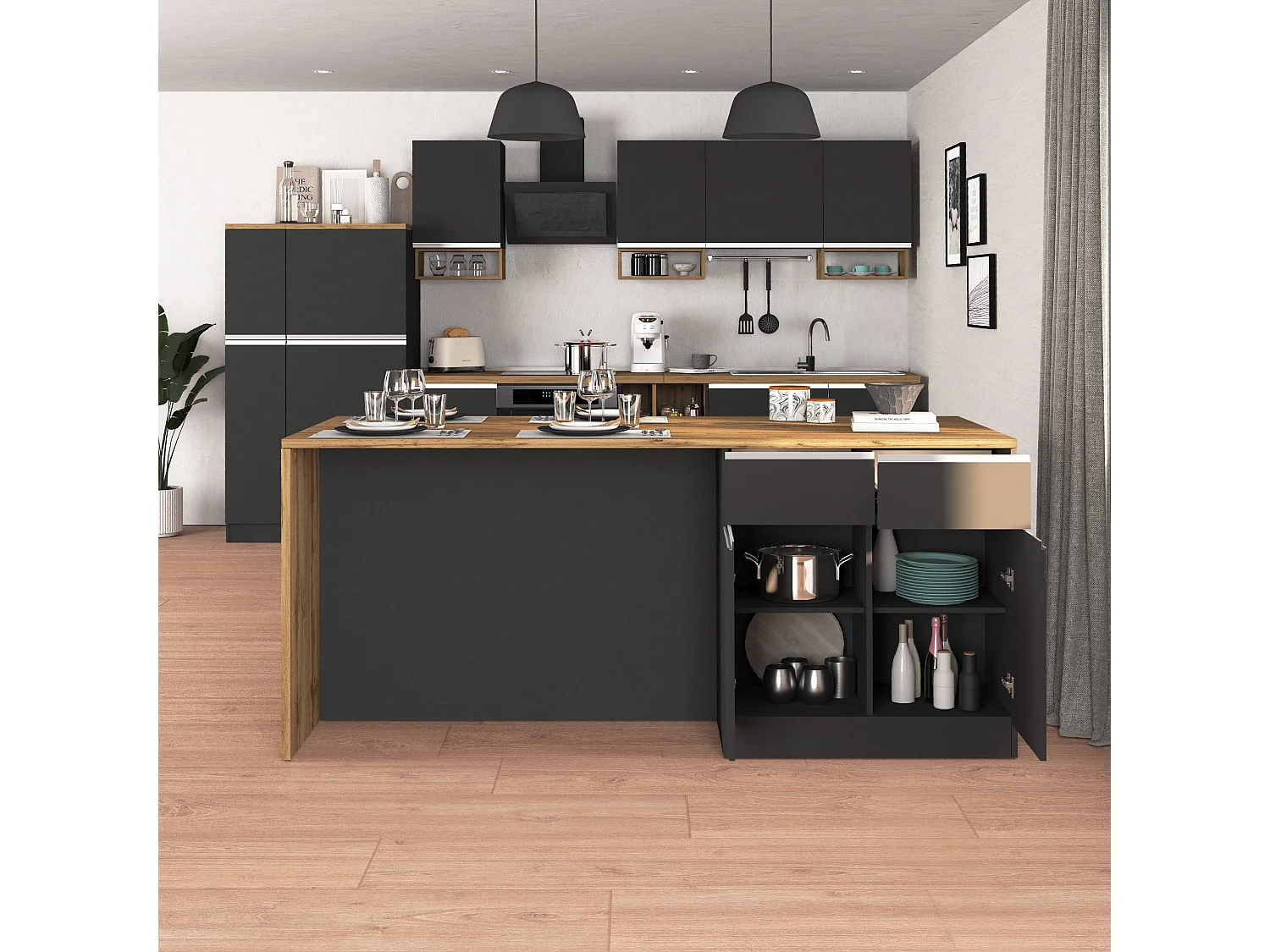 Isola da cucina Sole a 4 ante e 4 cassetti antracite opaco/rovere 200x90x90 cm