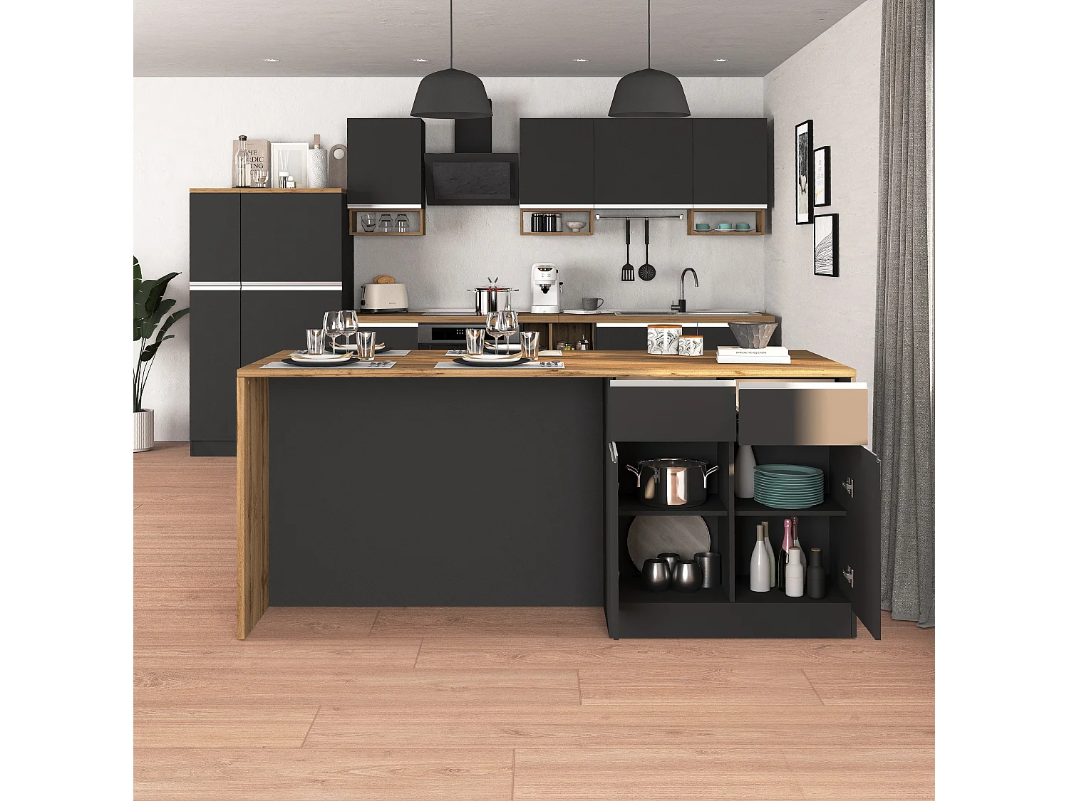 Îlot de cuisine Sole avec 4 portes et 4 tiroirs anthracite mat/chêne 200x90x90 cm