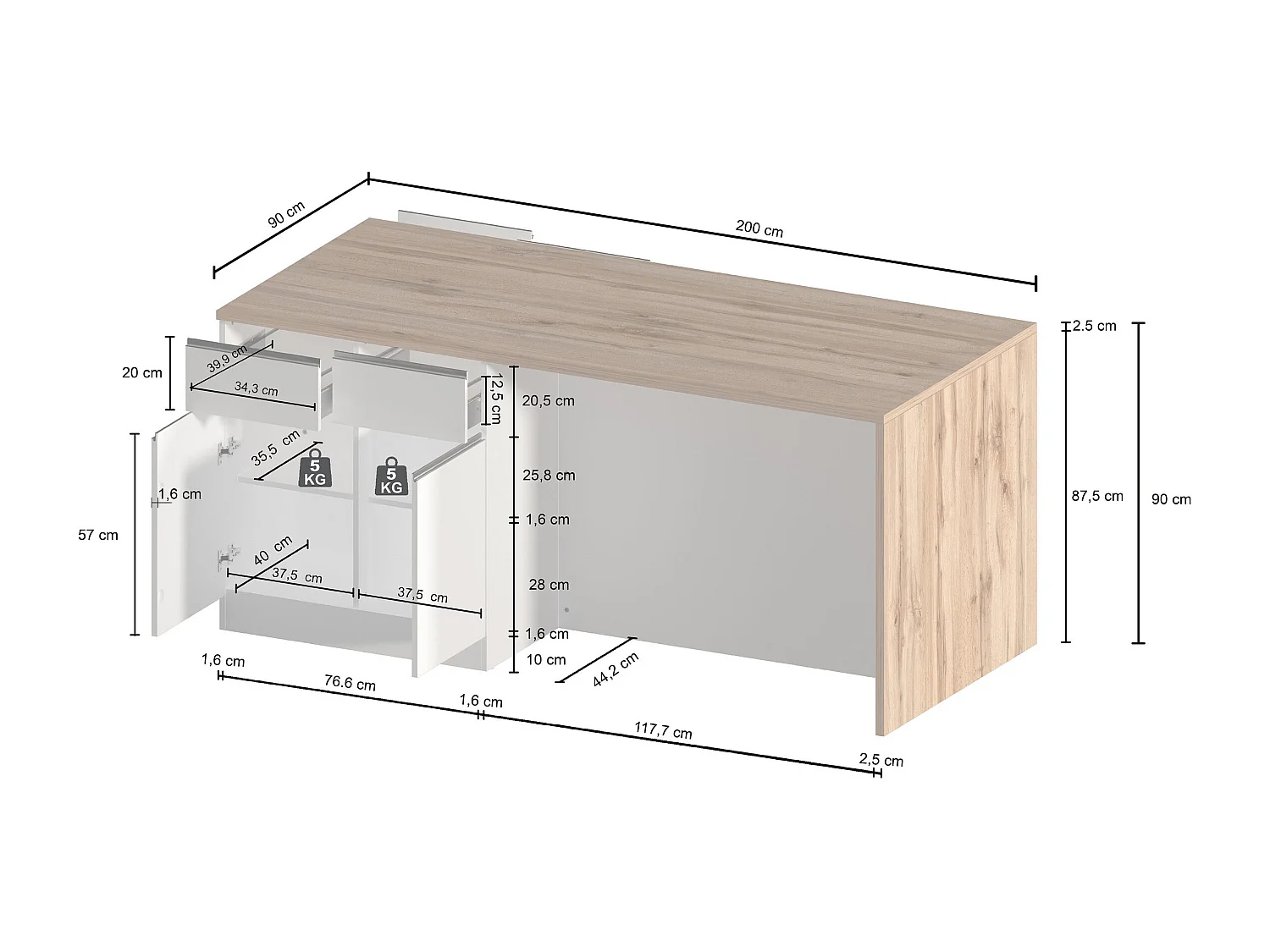 Îlot de cuisine Sole avec 4 portes et 4 tiroirs anthracite mat/chêne 200x90x90 cm