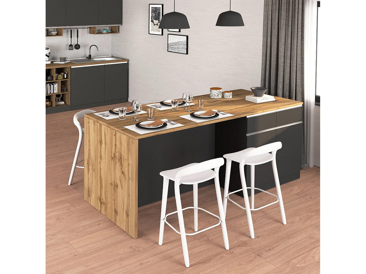 Îlot de cuisine Sole avec 4 portes et 4 tiroirs anthracite mat/chêne 200x90x90 cm