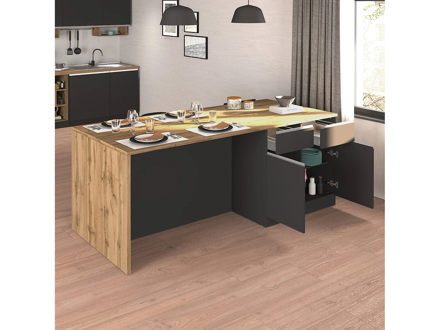 Îlot de cuisine Sole avec 4 portes et 4 tiroirs anthracite mat/chêne 200x90x90 cm