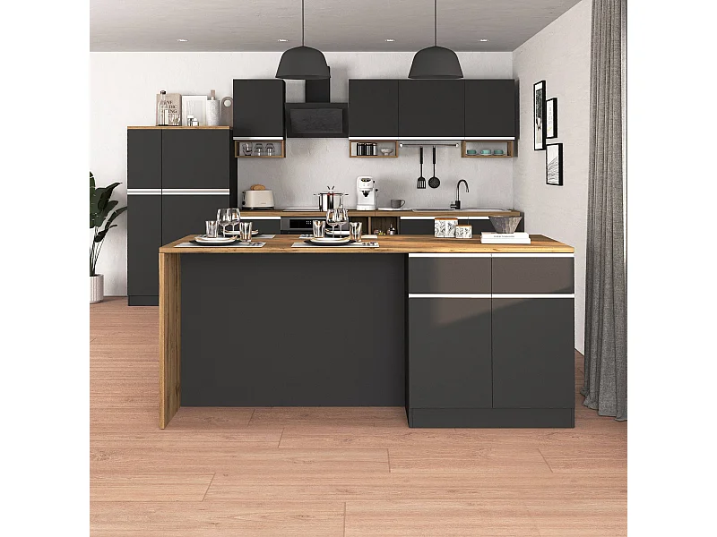 Isola da cucina Sole a 4 ante e 4 cassetti antracite opaco/rovere 200x90x90 cm