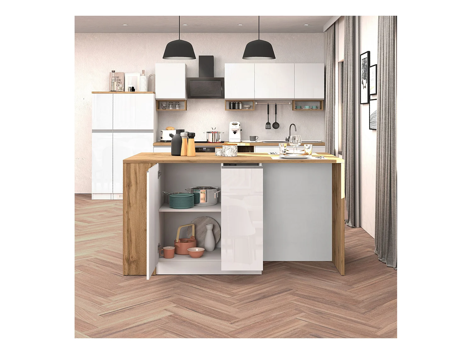 Isola da Cucina Effetto Legno Bianco Lucido/Rovere 168x90x91 cm