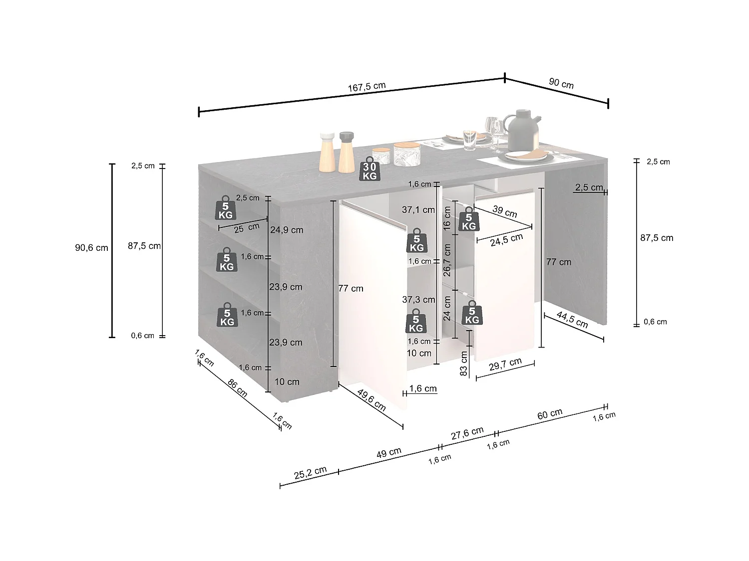 Isola da Cucina Effetto Legno Bianco Lucido/Rovere 168x90x91 cm