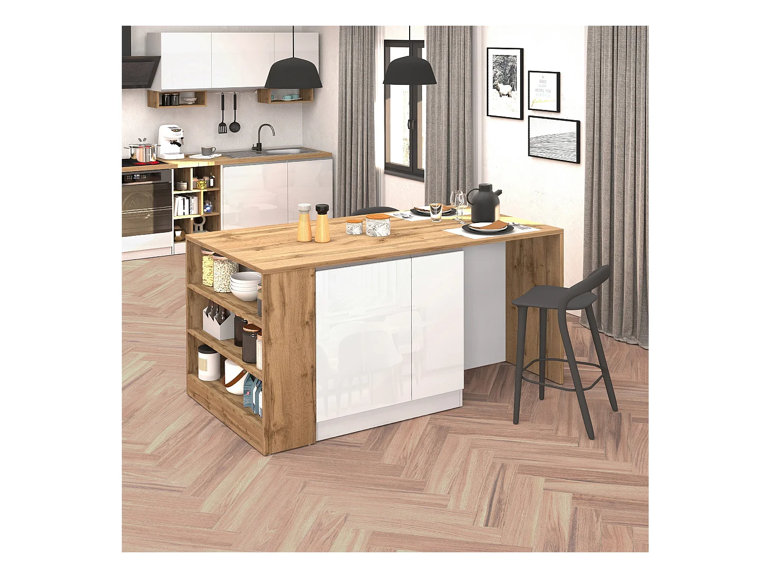 Isola da Cucina Effetto Legno Bianco Lucido/Rovere 168x90x91 cm