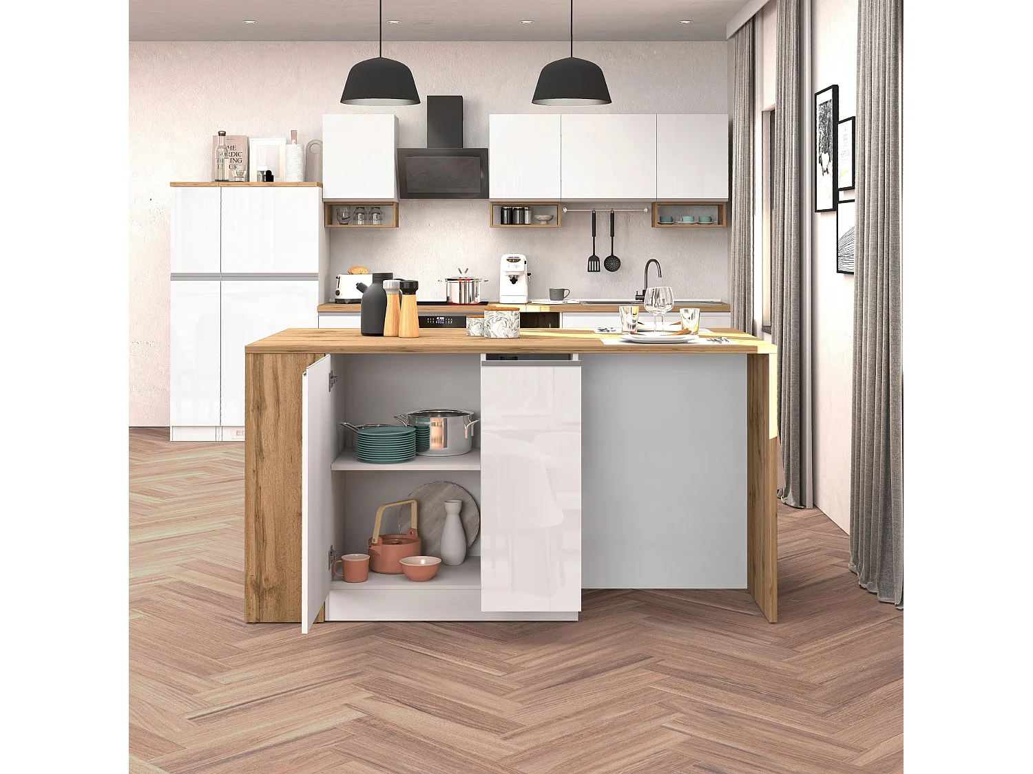 Isola da Cucina Effetto Legno Bianco Lucido/Rovere 168x90x91 cm