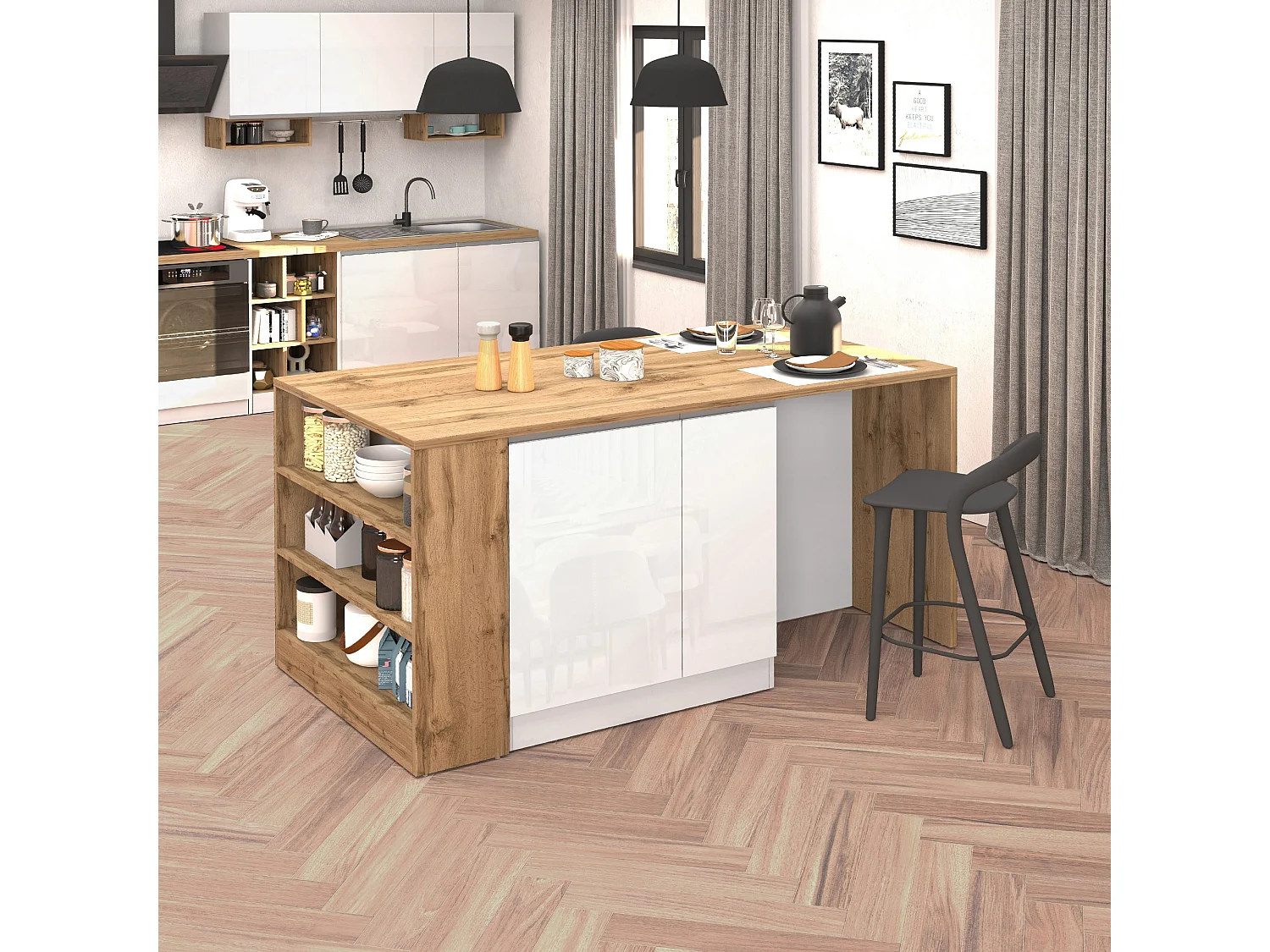 Isola da Cucina Effetto Legno Bianco Lucido/Rovere 168x90x91 cm