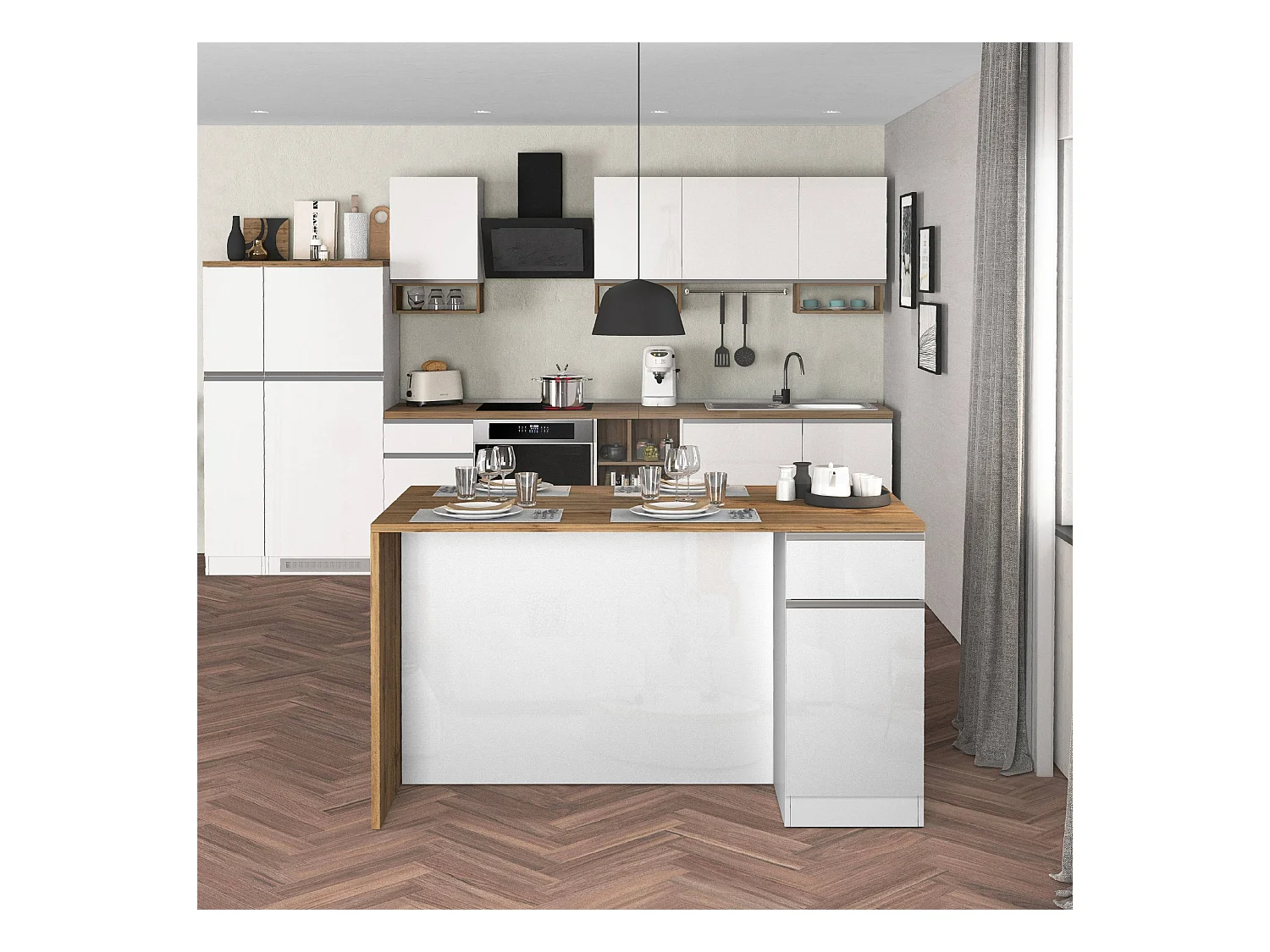 Isola da cucina Sole a 2 ante e 2 cassetti bianco lucido e rovere 160x90x90 cm