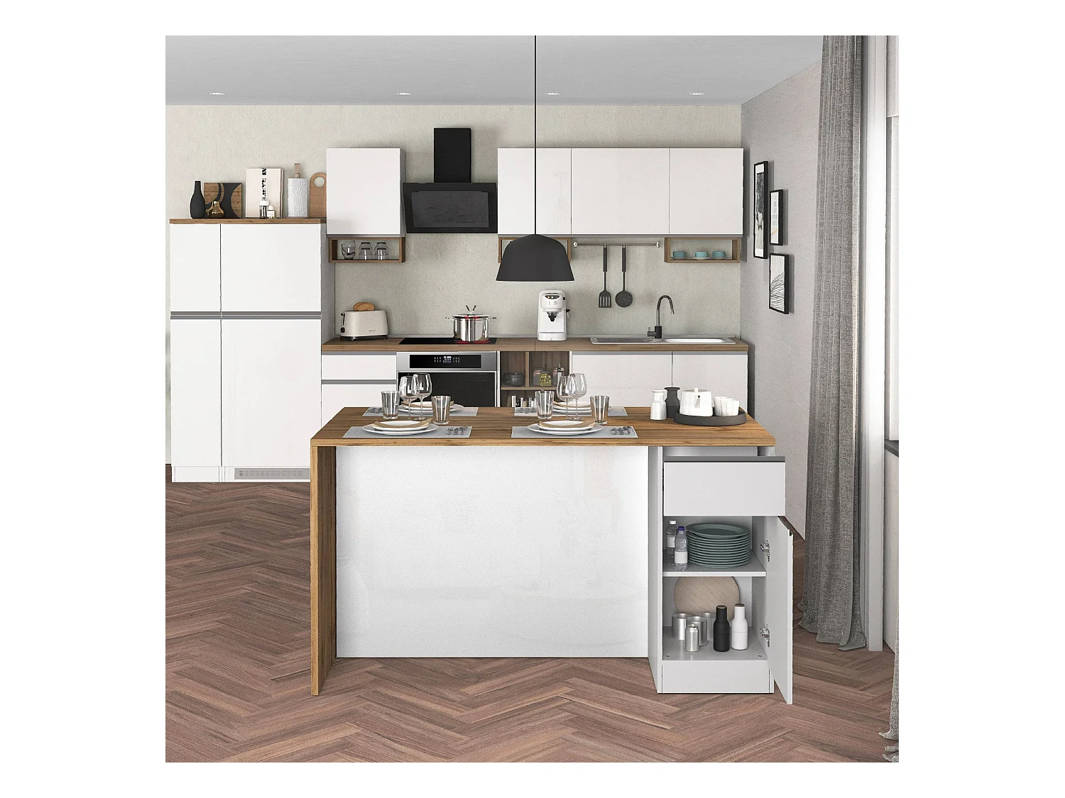 Isola da cucina Sole a 2 ante e 2 cassetti bianco lucido e rovere 160x90x90 cm