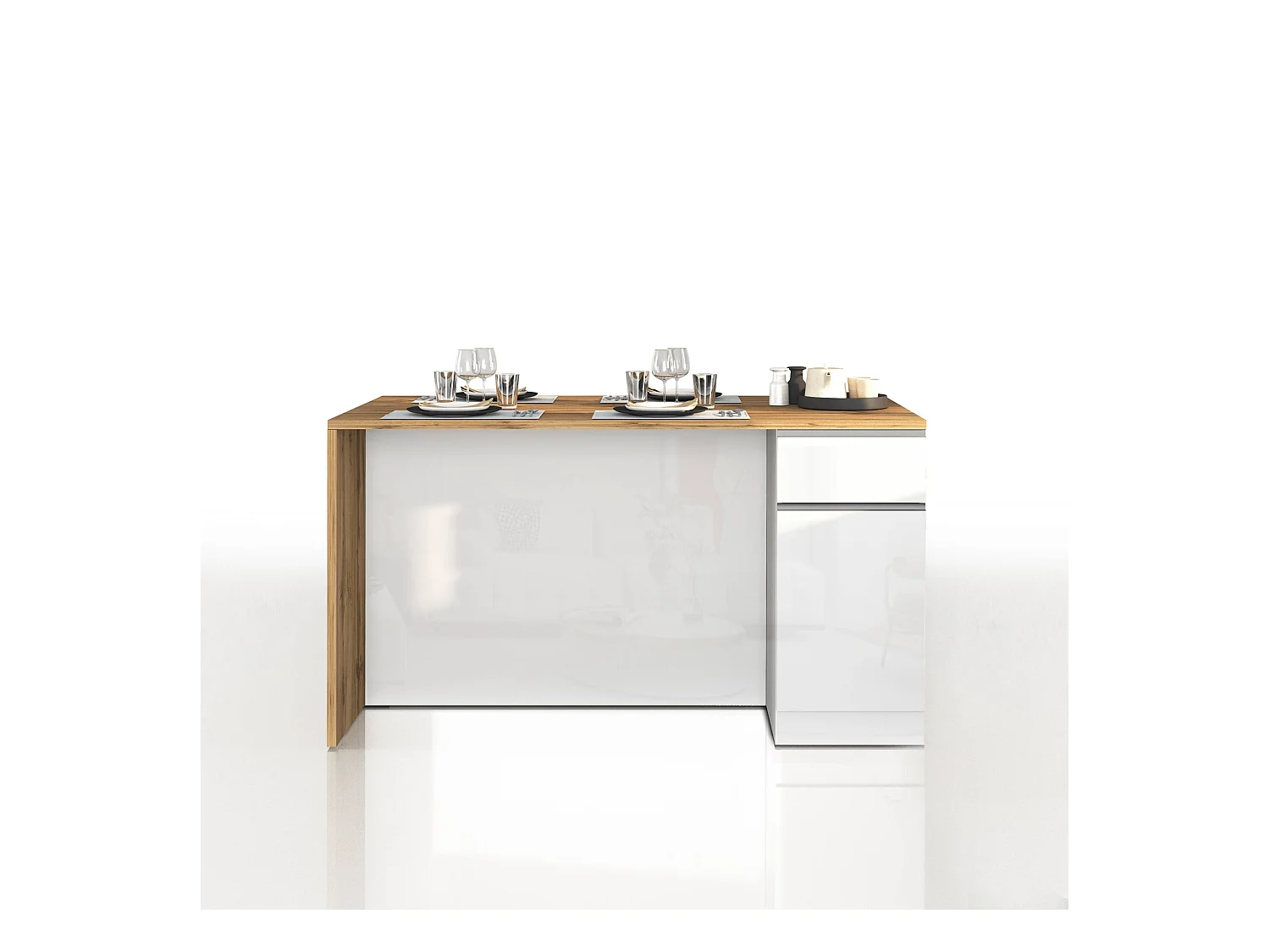 Isola da cucina Sole a 2 ante e 2 cassetti bianco lucido e rovere 160x90x90 cm