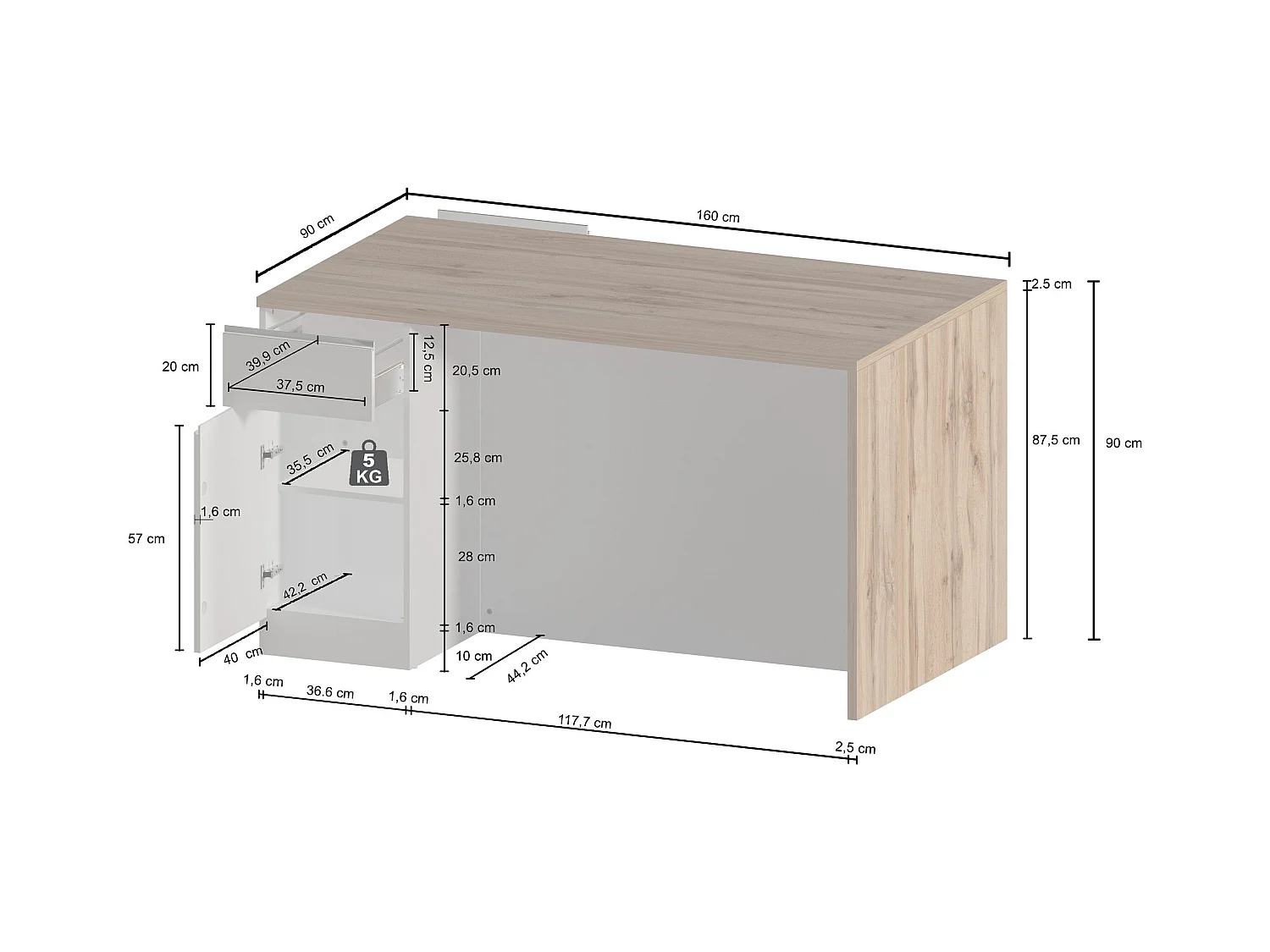 Isola da cucina Sole a 2 ante e 2 cassetti bianco lucido e rovere 160x90x90 cm