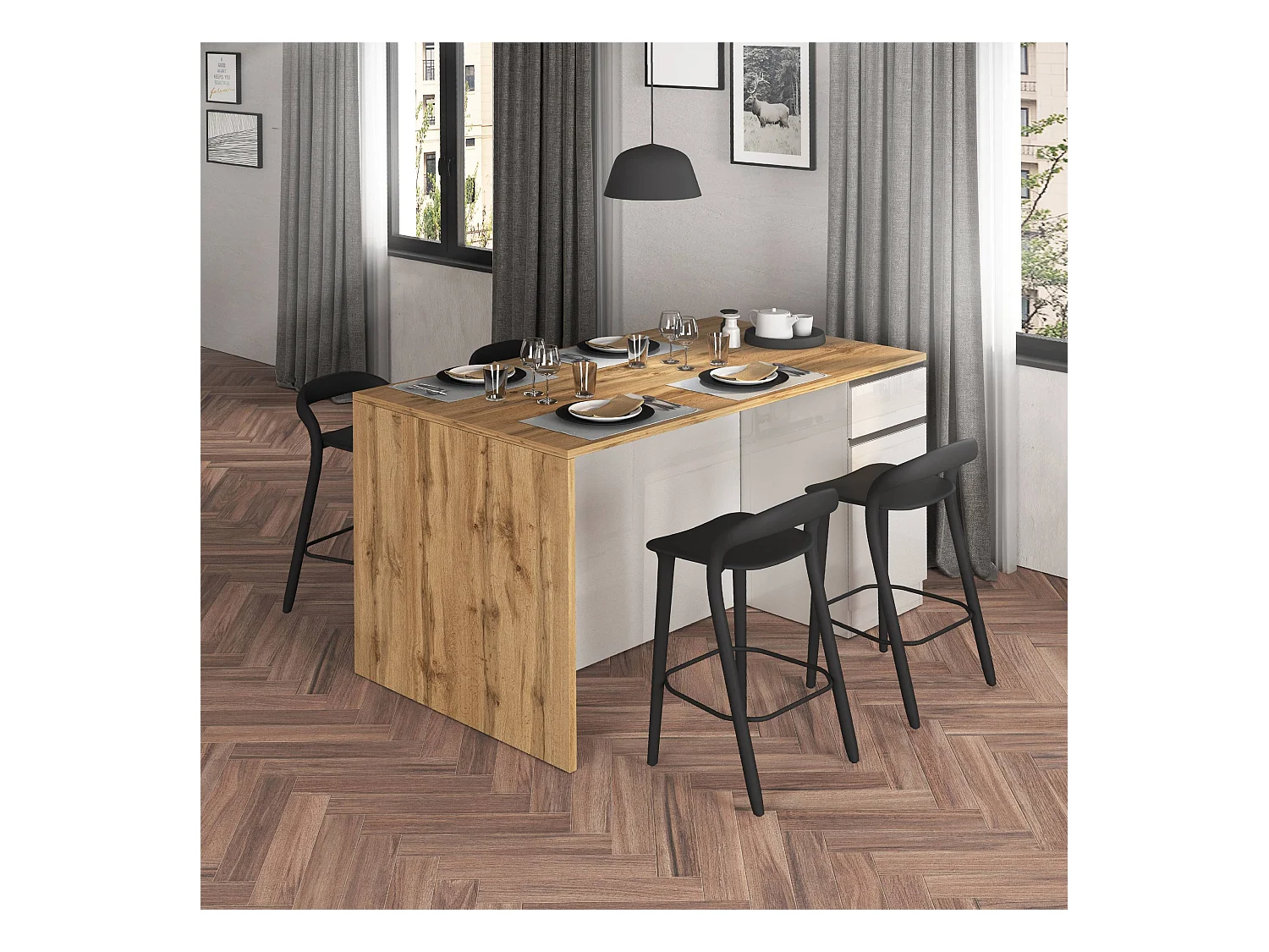 Isola da cucina Sole a 2 ante e 2 cassetti bianco lucido e rovere 160x90x90 cm