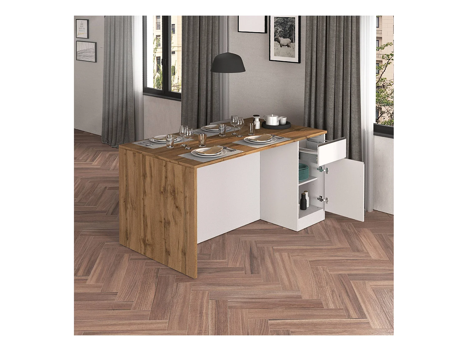 Isola da cucina Sole a 2 ante e 2 cassetti bianco lucido e rovere 160x90x90 cm