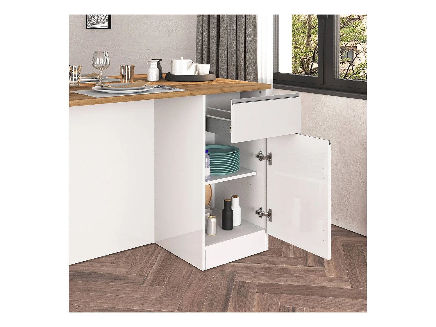 Isola da cucina Sole a 2 ante e 2 cassetti bianco lucido e rovere 160x90x90 cm