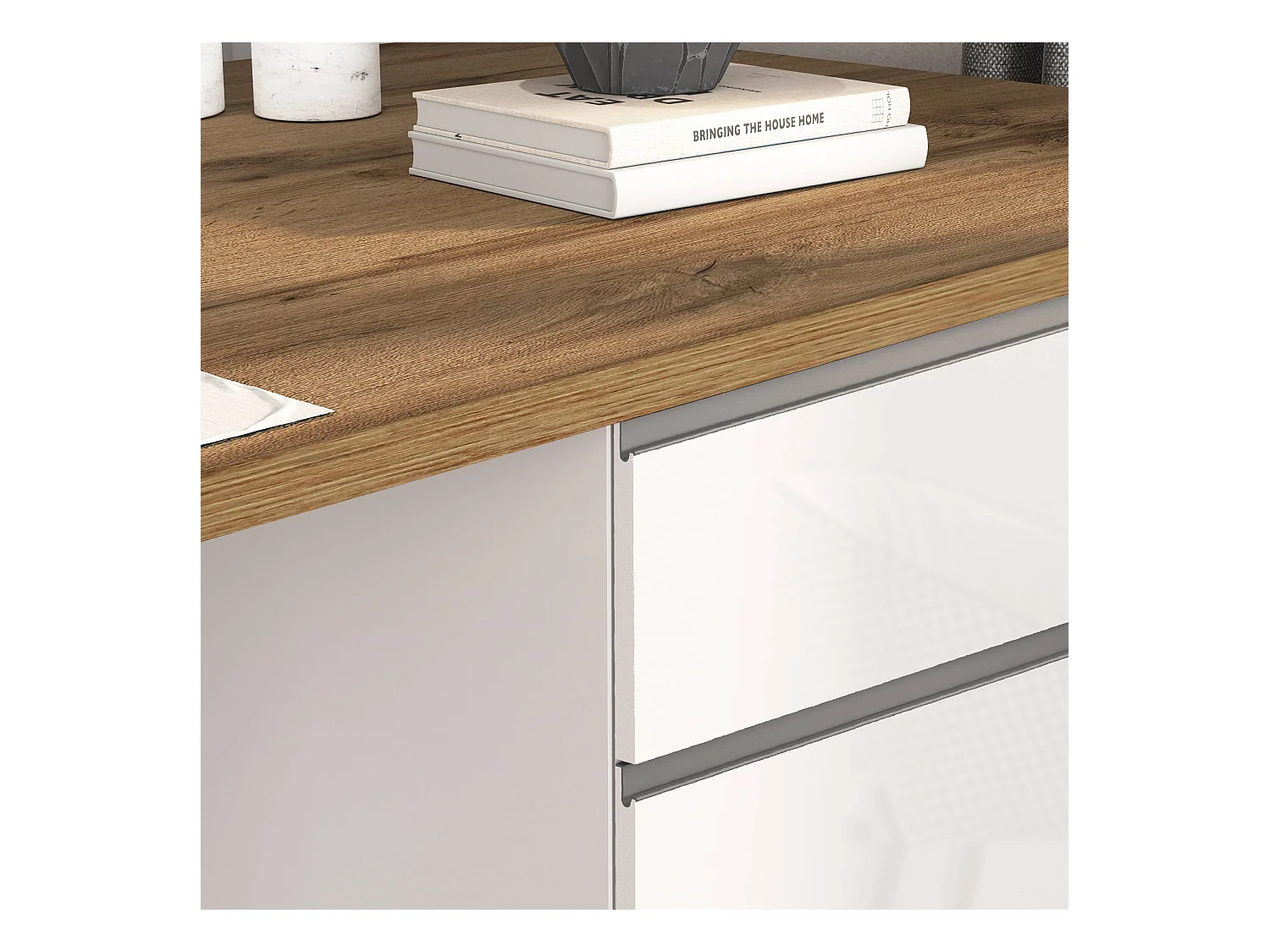 Isola da cucina Sole a 2 ante e 2 cassetti bianco lucido e rovere 160x90x90 cm