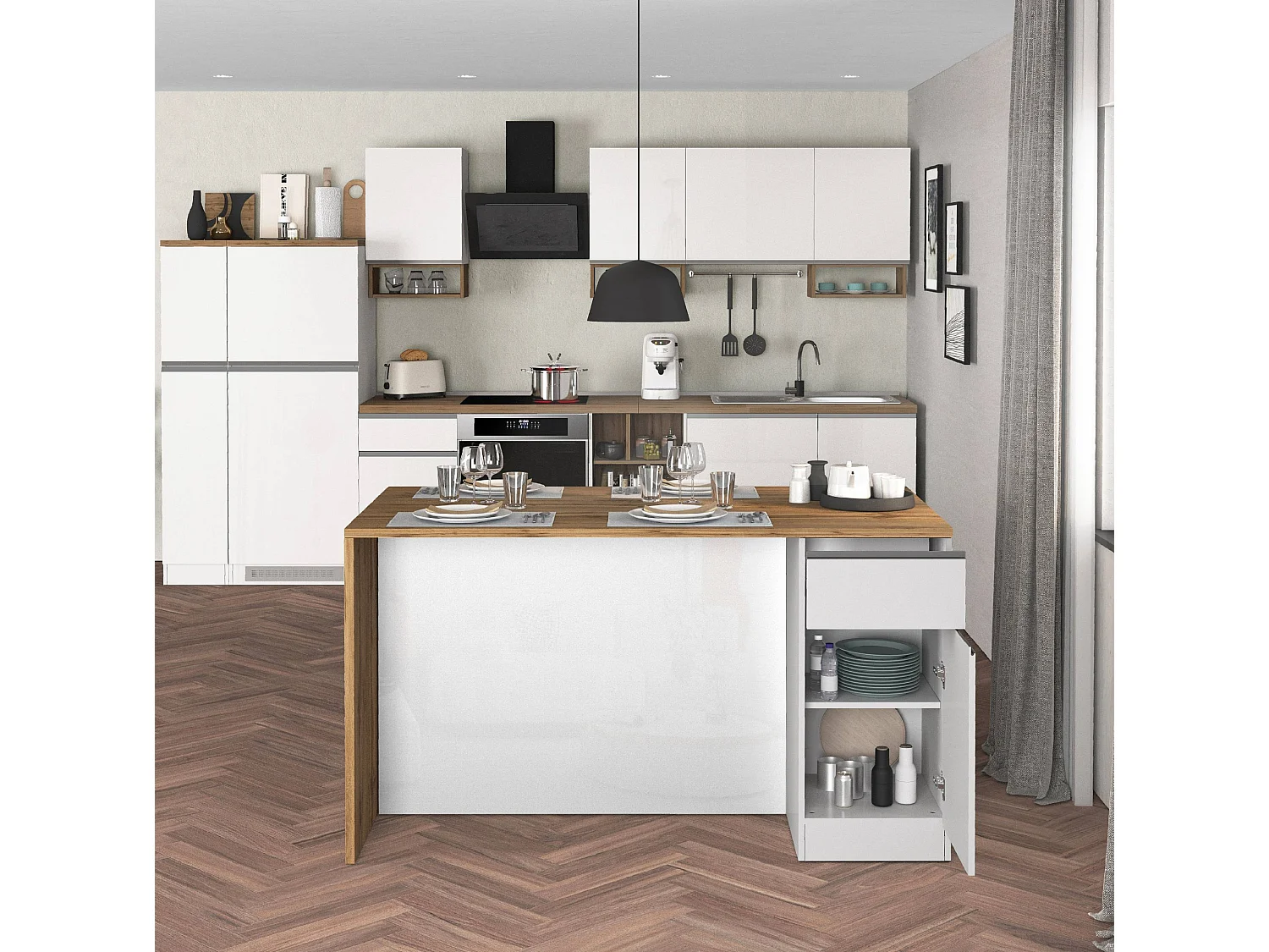 Isola da cucina Sole a 2 ante e 2 cassetti bianco lucido e rovere 160x90x90 cm