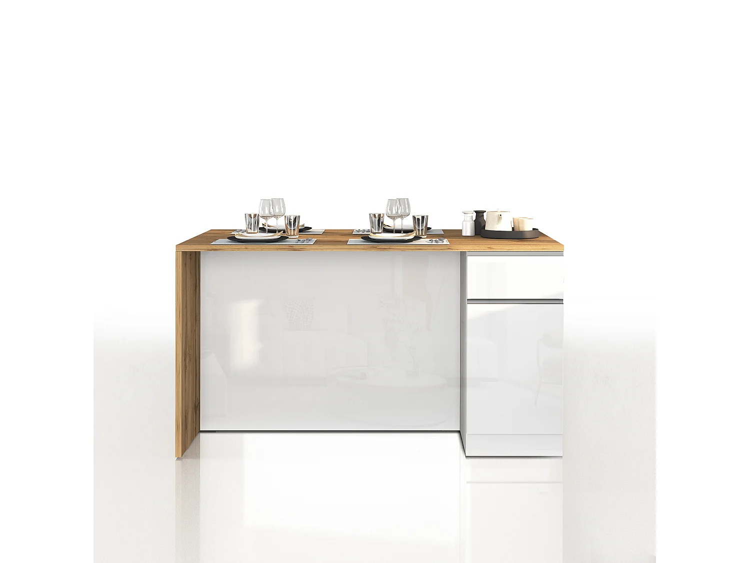 Îlot de cuisine Sole avec 2 portes et 2 tiroirs blanc brillant et chêne 160x90x90 cm
