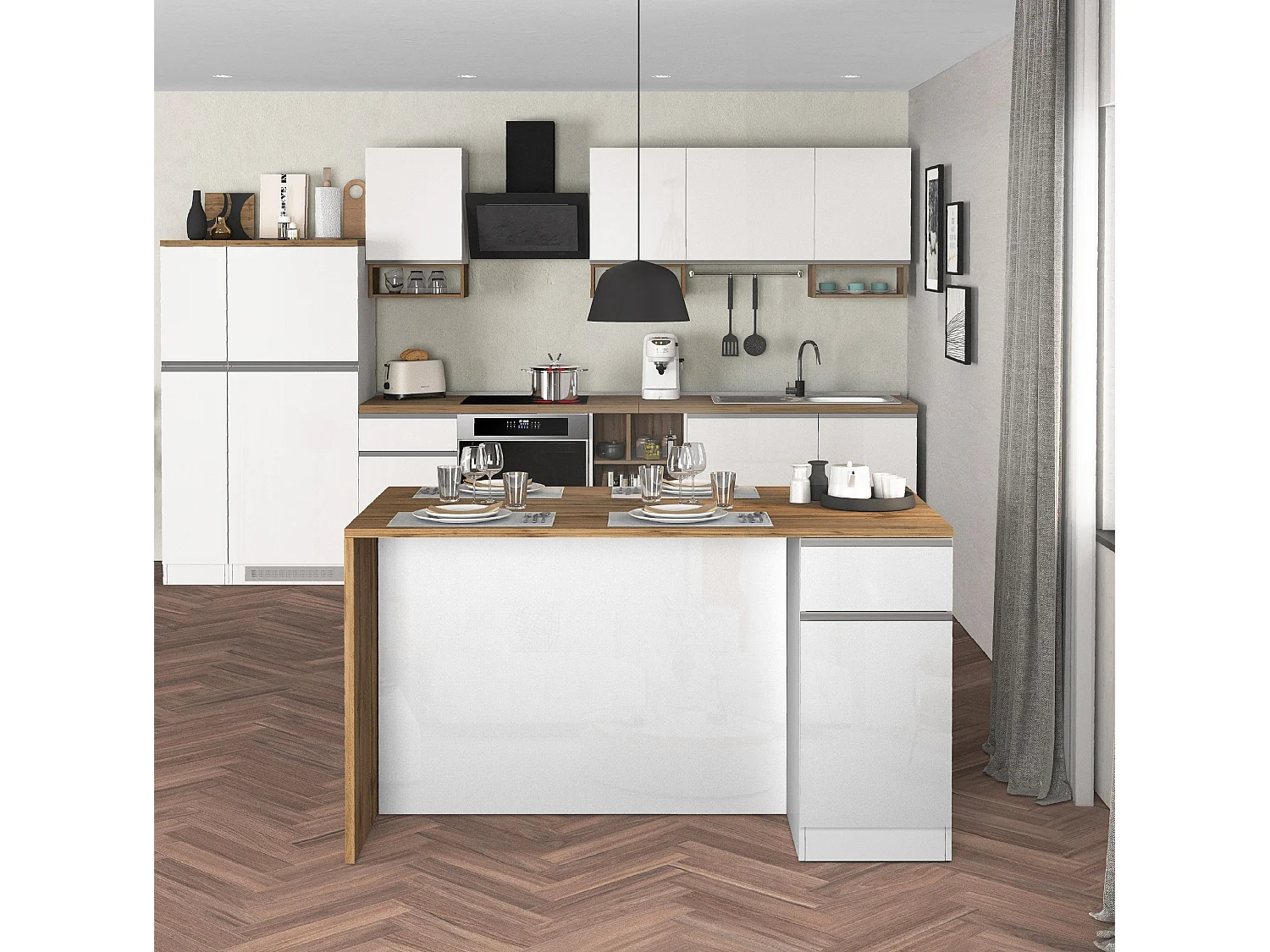 Îlot de cuisine Sole avec 2 portes et 2 tiroirs blanc brillant et chêne 160x90x90 cm