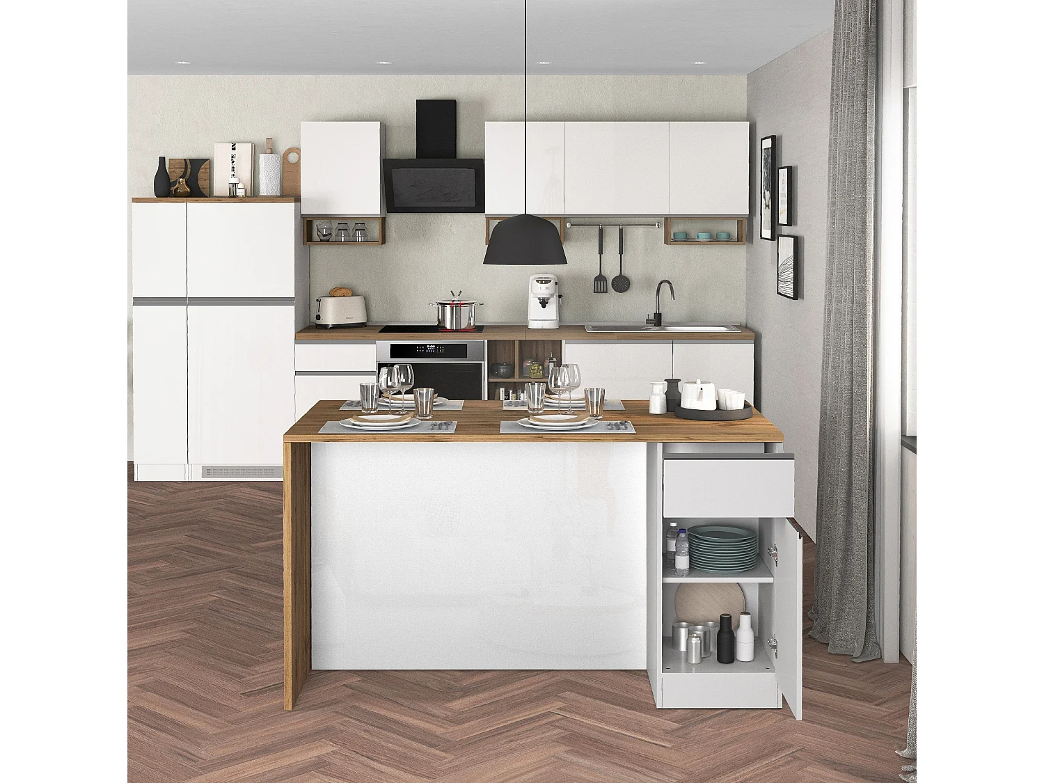 Îlot de cuisine Sole avec 2 portes et 2 tiroirs blanc brillant et chêne 160x90x90 cm