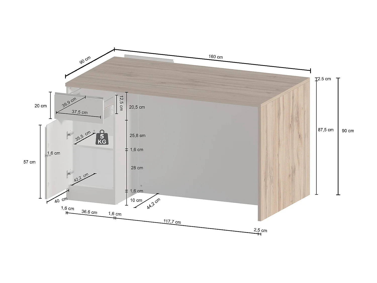 Îlot de cuisine Sole avec 2 portes et 2 tiroirs blanc brillant et chêne 160x90x90 cm